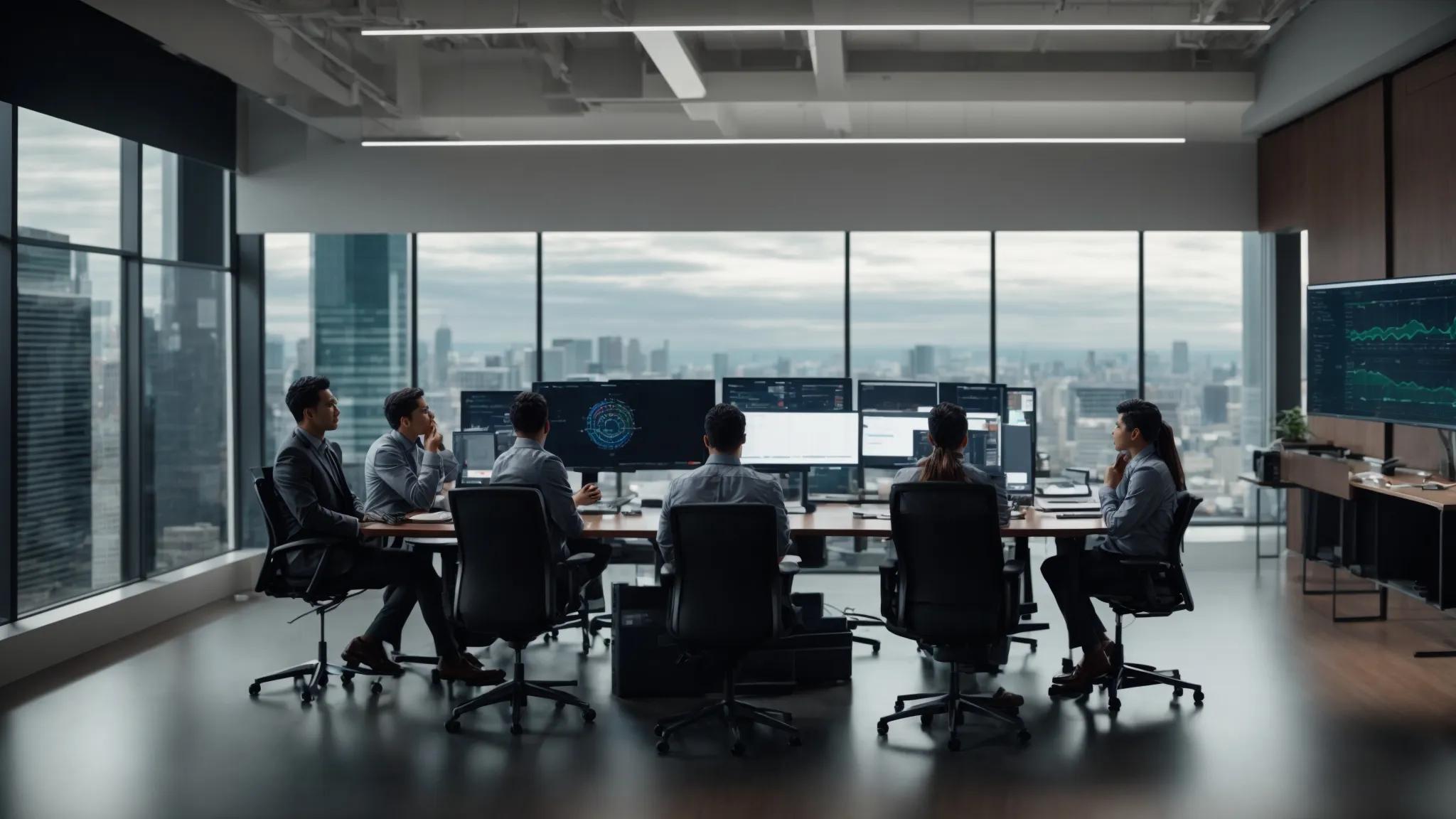 a focused group of it professionals collaborates around a sleek conference table, analyzing a digital dashboard displaying intricate server metrics and resource allocations, all within a modern, well-lit office space reflecting the dynamic landscape of managed service provider (msp) costs for small businesses.