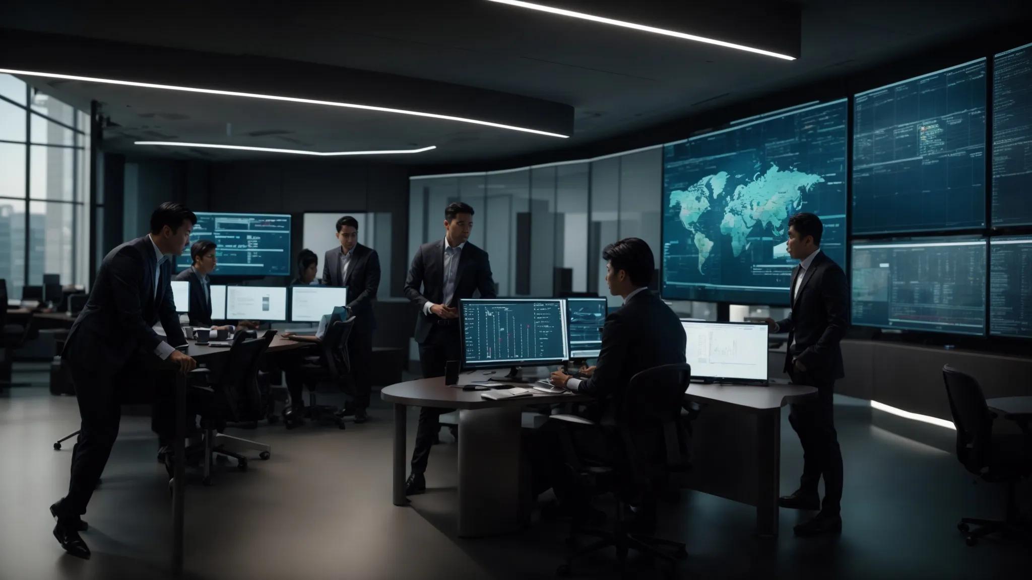 a focused group of it professionals collaboratively analyzing performance metrics on a large digital screen in a sleek, modern office, highlighting the effectiveness of cybersecurity services through visual data representations.
