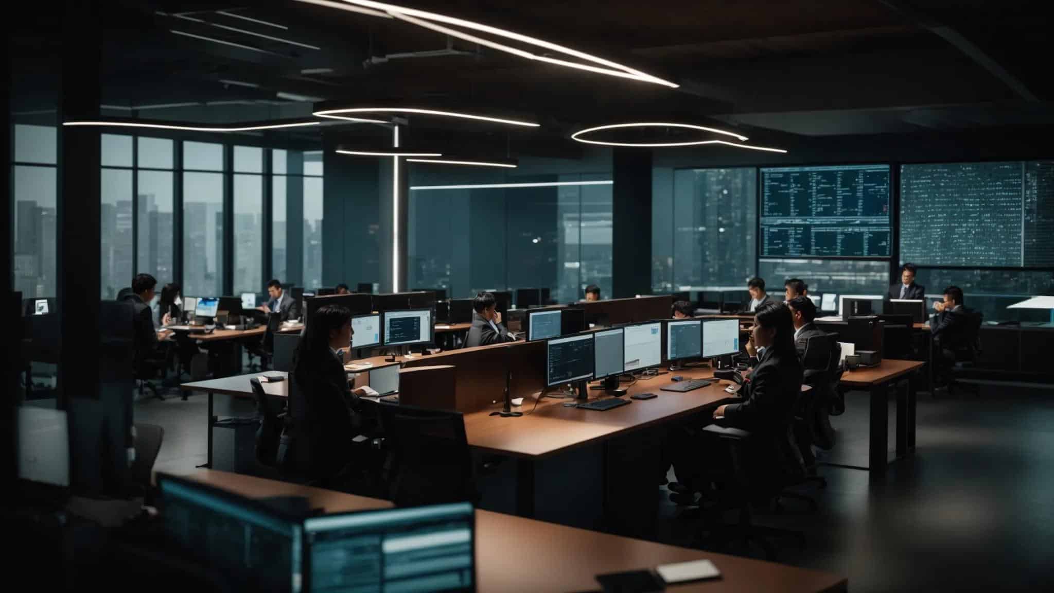 a focused, modern office environment showcases it professionals collaborating around a sleek conference table, analyzing cybersecurity frameworks on multiple high-resolution monitors displaying complex encryption algorithms and data protection statistics, illuminated by bright overhead lighting that emphasizes their intense concentration.