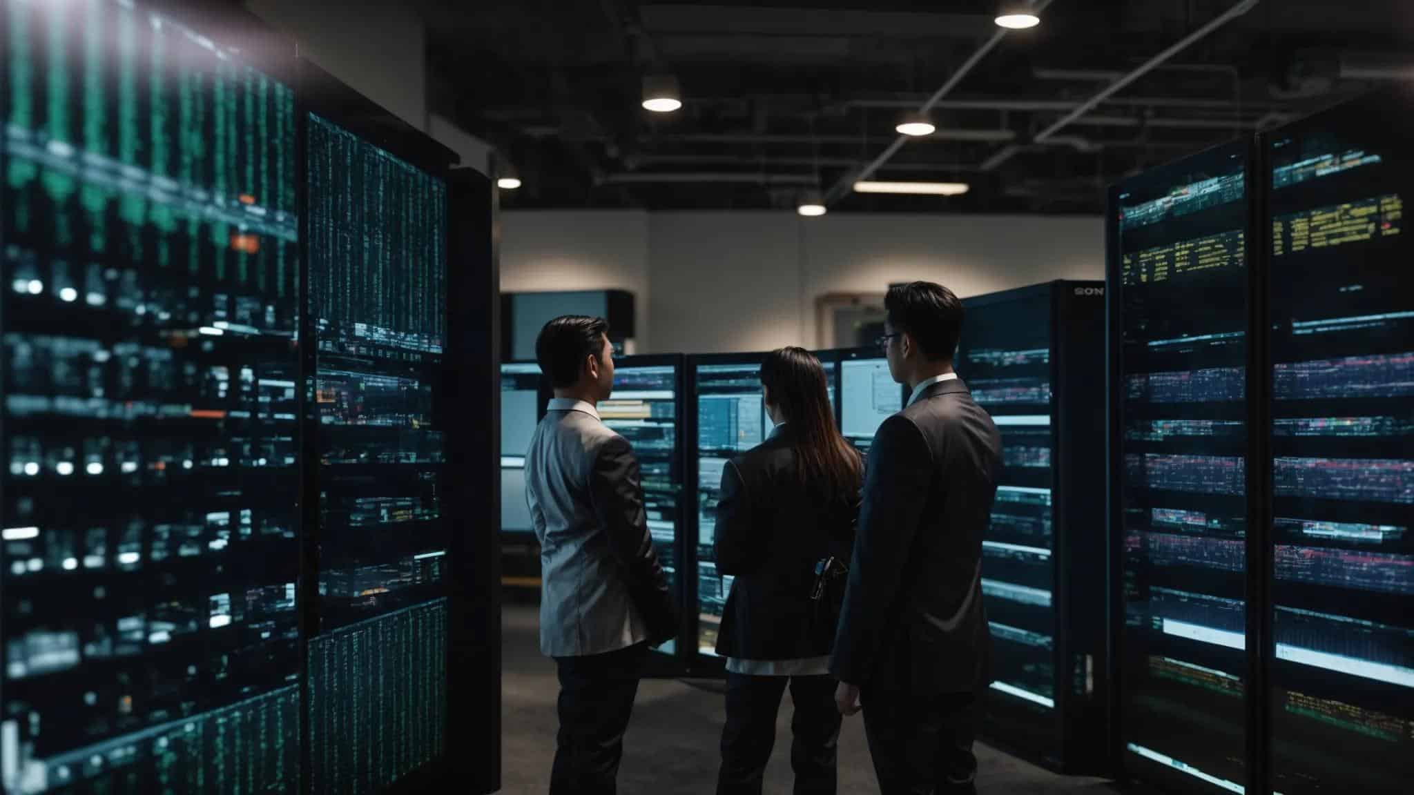 a focused office environment showcases it professionals collaboratively inspecting server racks and digital dashboards, surrounded by framed industry certifications, reflecting their commitment to expertise and reliability in network security and support.