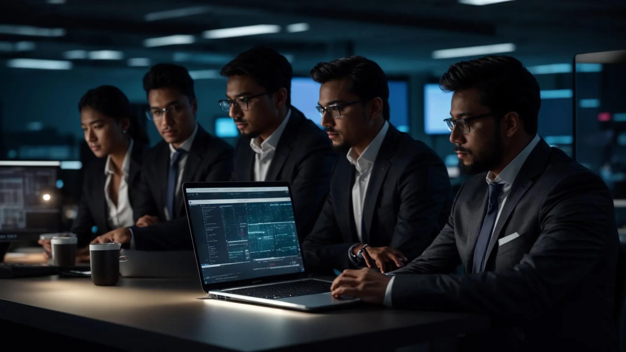 a focused team of it professionals collaborates around a sleek, modern conference table, analyzing digital infrastructure diagrams on laptops, with a backdrop of server racks glowing softly in the dimly lit tech office, symbolizing strategic partnerships for enhanced business resilience.