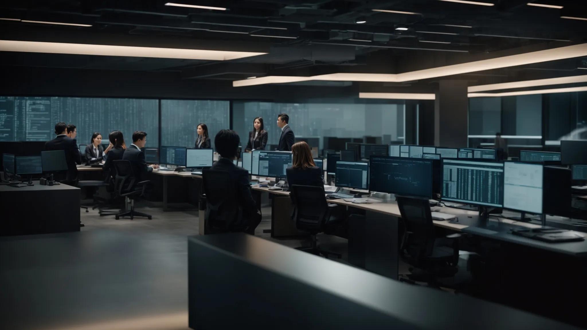 a group of focused it professionals collaborates in a sleek, modern office, surrounded by high-tech servers, analyzing regulatory compliance documents on digital screens while discussing proactive risk management strategies.