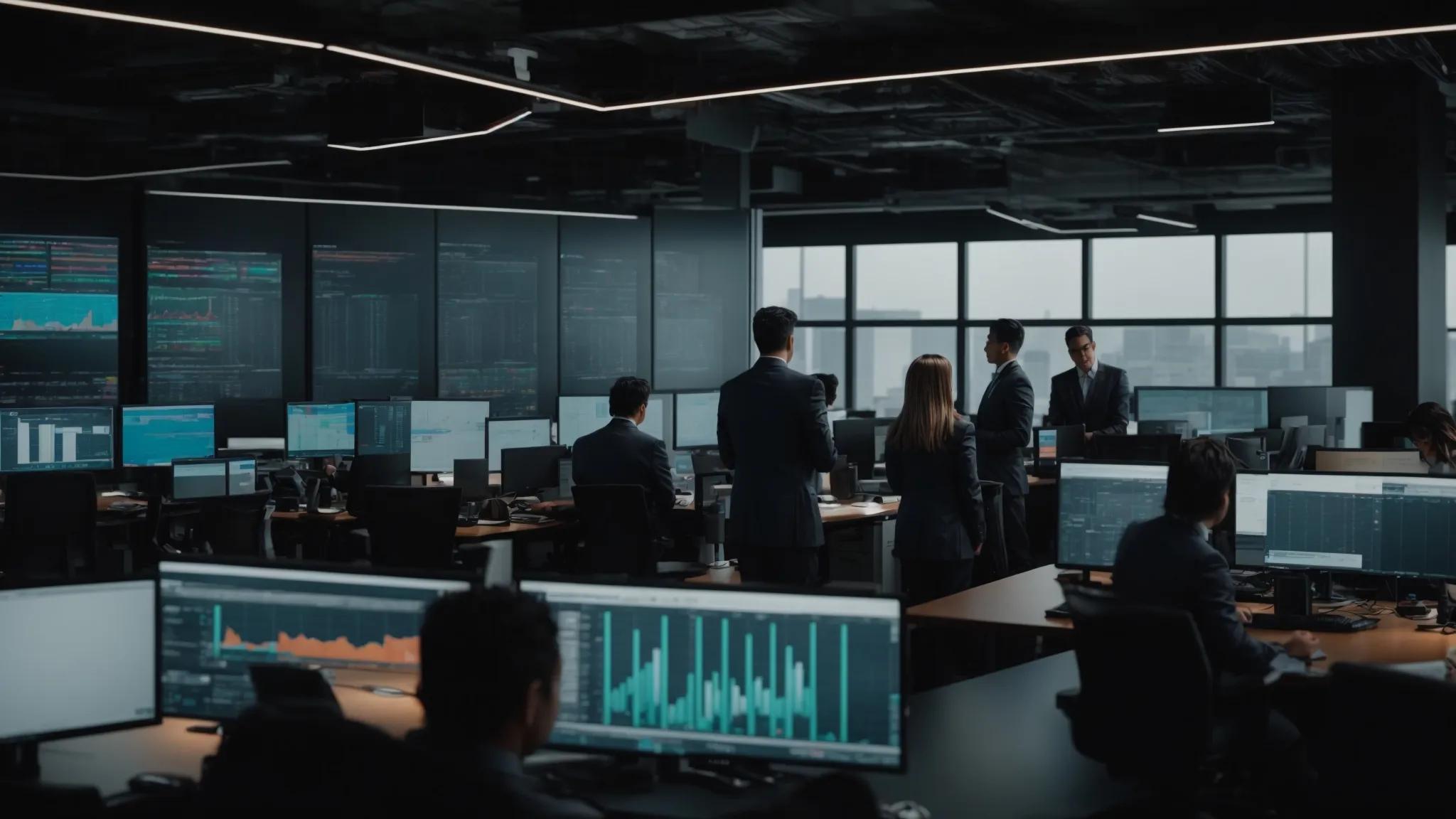 a group of it professionals collaboratively analyzing data and discussing strategies in a modern office setting, surrounded by sleek servers and digital screens displaying performance metrics from real-world msp case studies.