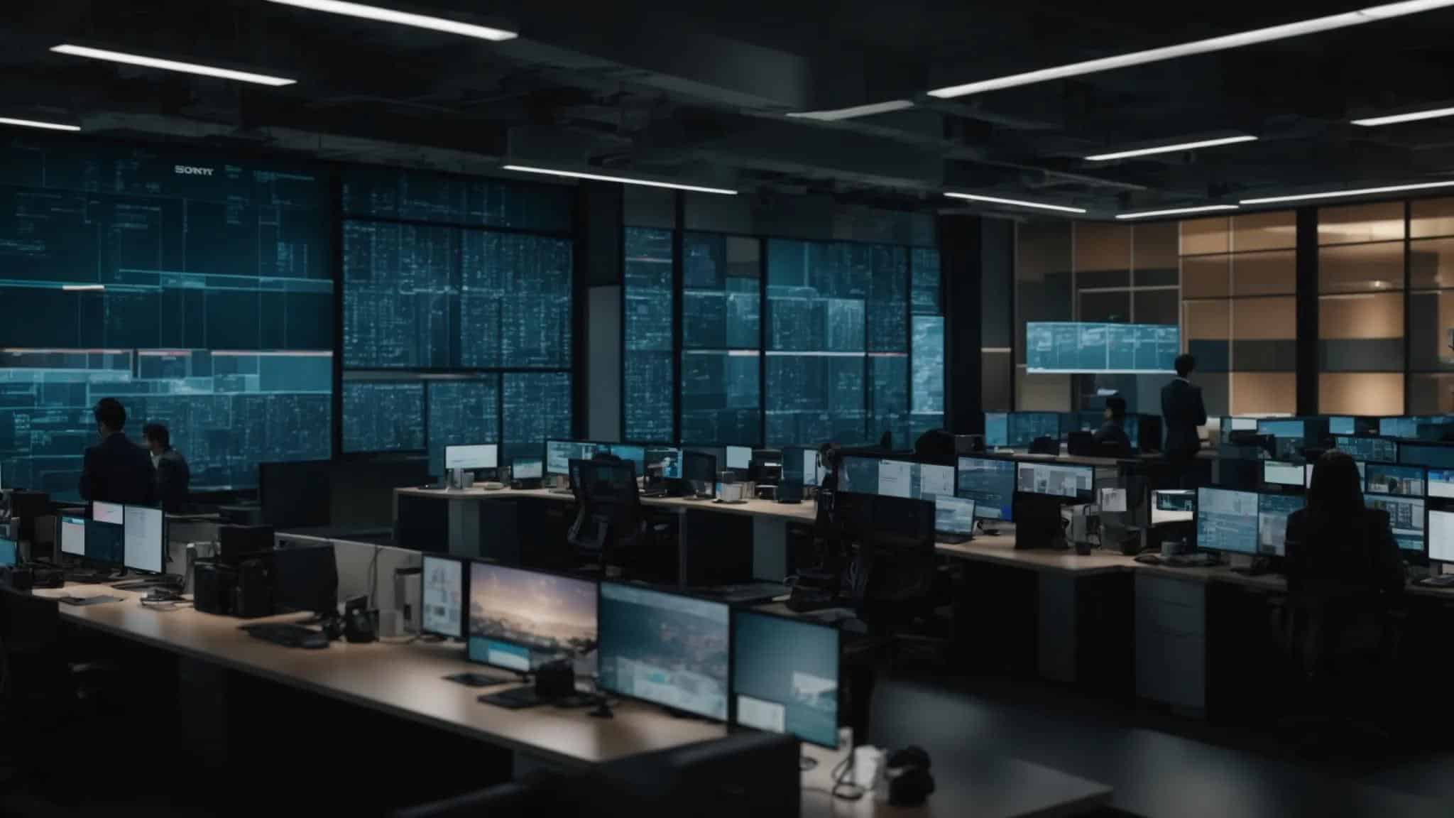 a modern, high-tech office space showcases cybersecurity professionals collaborating over advanced server systems and multiple screens displaying real-time security analytics, emphasizing the vital role of unified defense technologies in protecting against cyber threats.