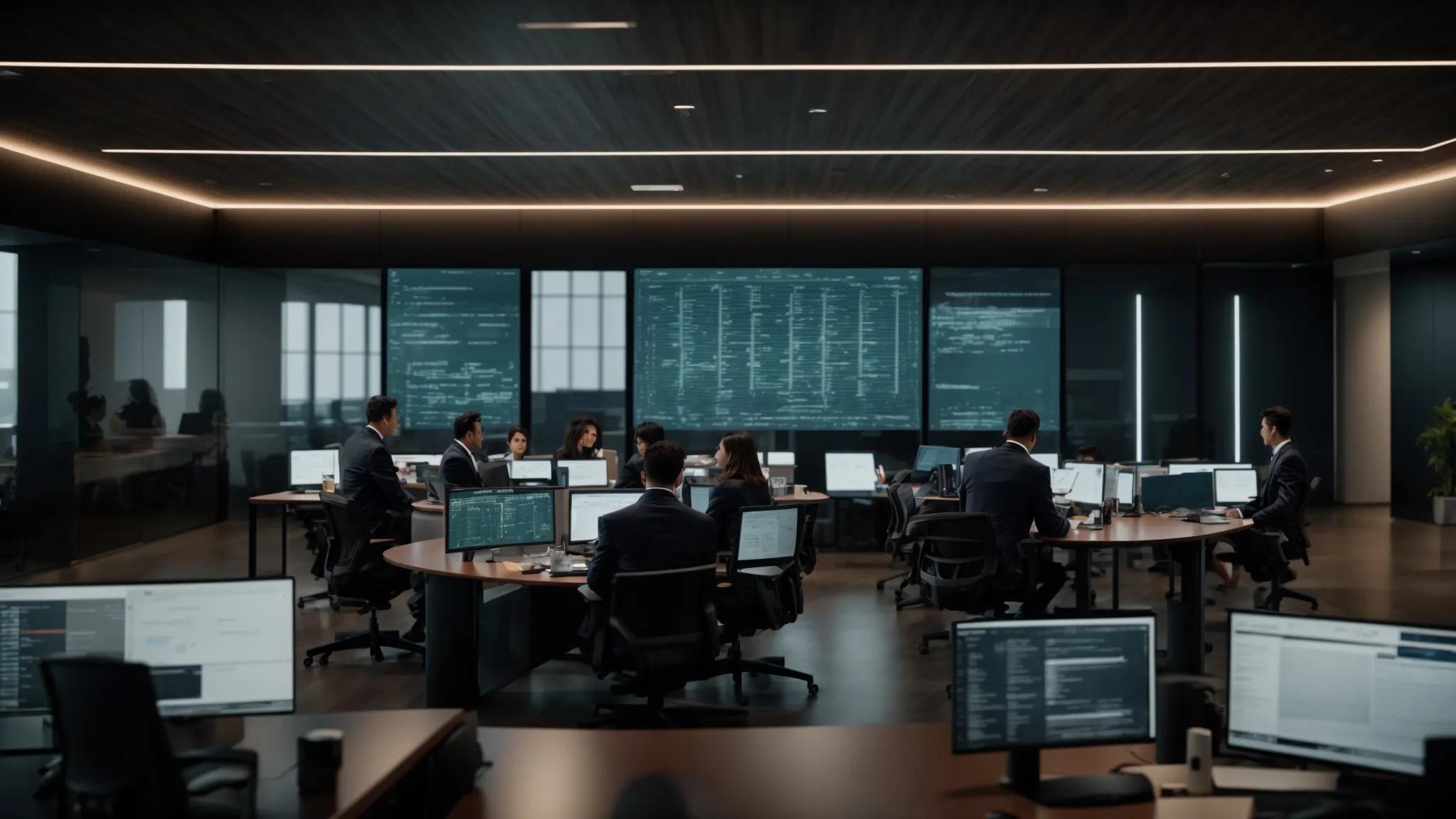 a modern office environment features it professionals engaged in a dynamic strategy session around a sleek conference table, with large screens displaying cybersecurity data analytics, firewalls, and network diagrams, emphasizing collaborative efforts to enhance cybersecurity measures.