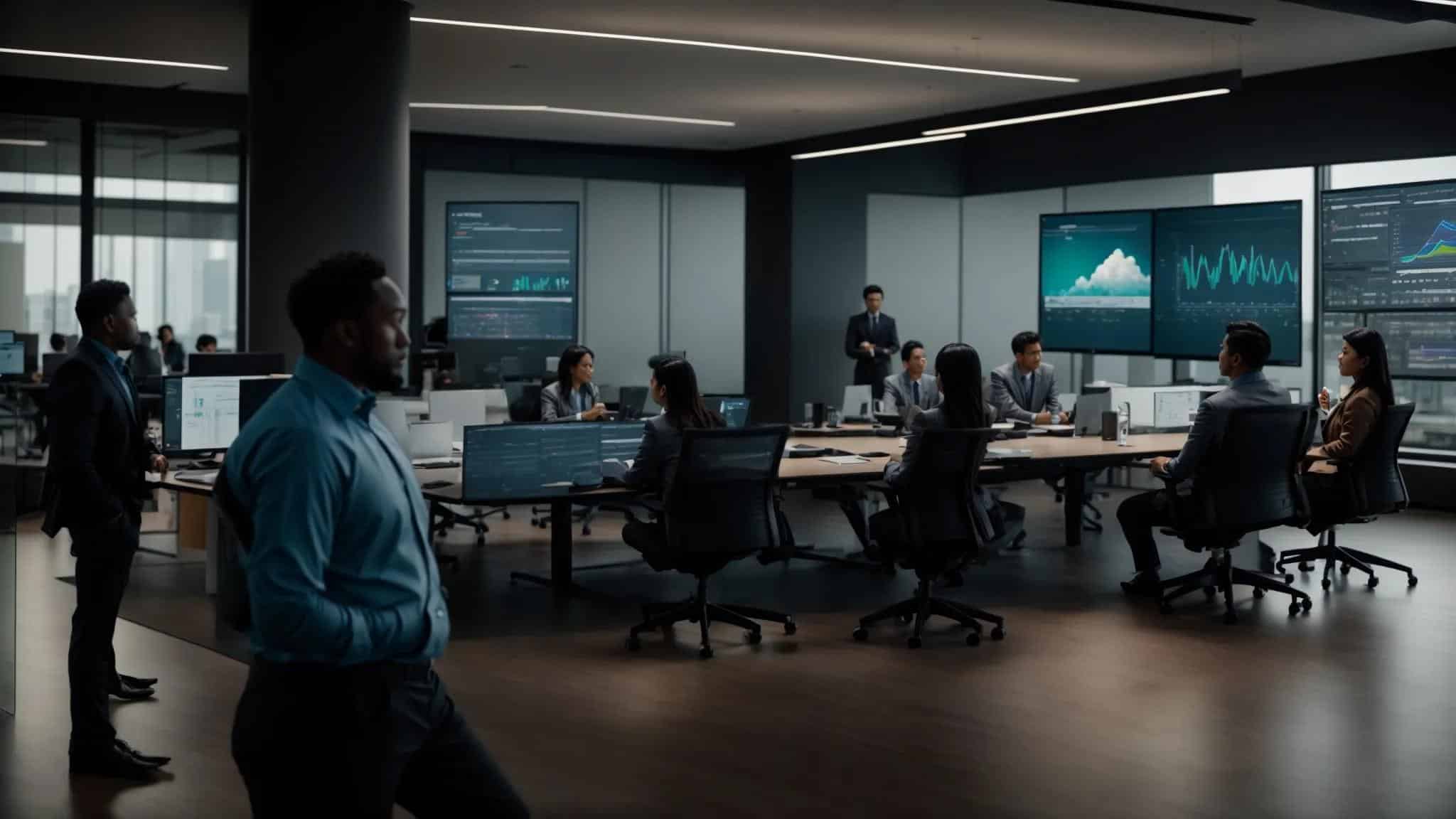 a modern office setting featuring a diverse team of it professionals engaged in a collaborative discussion around a sleek conference table, with large monitors displaying dynamic graphs and cloud infrastructure models, illustrating the concept of scalable and adaptable it solutions.