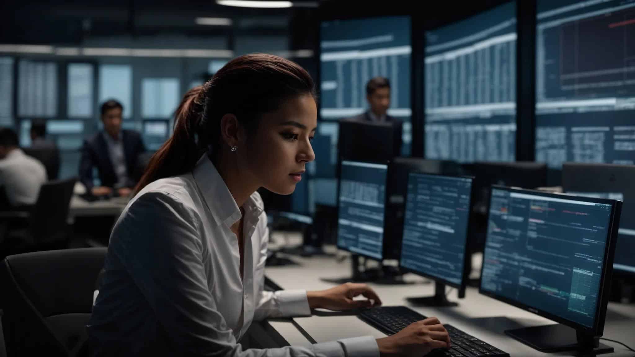 a modern office setting showcases a diverse group of it professionals collaborating around a sleek table, with high-tech servers and digital displays of comparative data charts in the background, emphasizing the strategic integration of maintenance and it support for improved operational efficiency.
