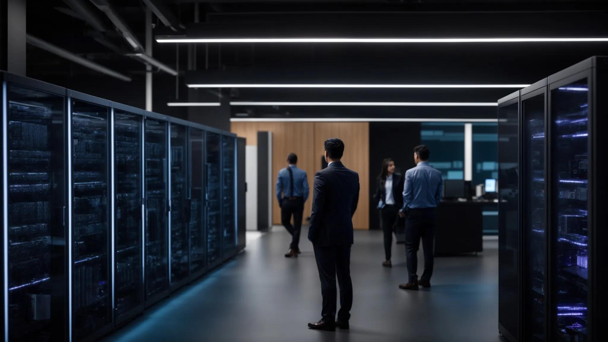 a modern office setting showcases it professionals engaged in collaborative troubleshooting around advanced server racks, illuminated by dynamic ambient lighting, emphasizing a proactive approach to cost optimization in technology management.