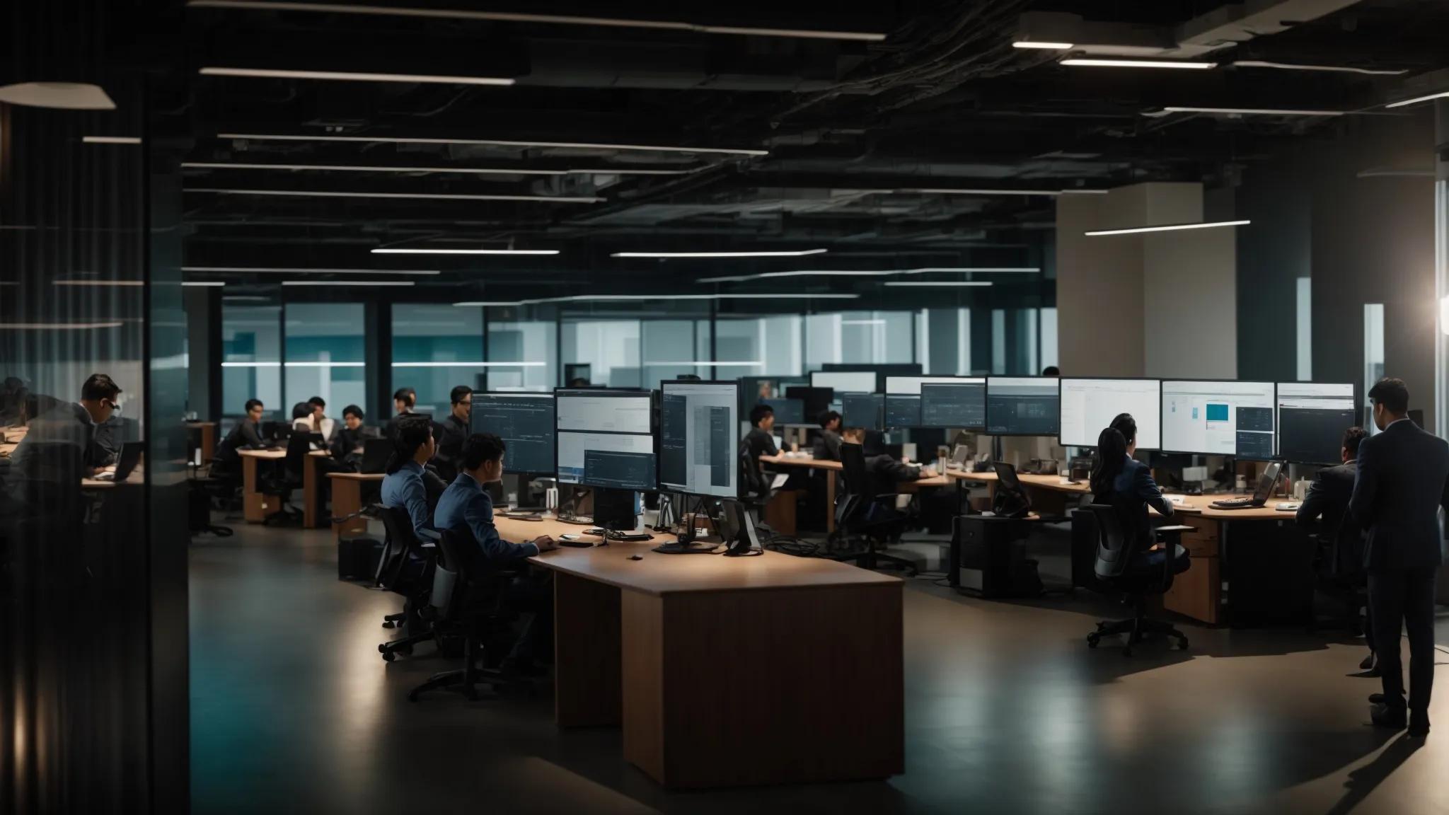 a modern office space with it professionals engaged in dynamic discussions while analyzing data on multiple screens, highlighting the integration of digital tools and community resources for selecting effective it support providers.