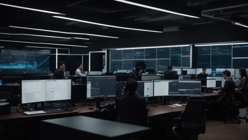 a professional it team collaborates in a modern office, surrounded by sleek servers and high-tech equipment, as they analyze critical data on multiple screens, highlighting their focus on essential managed services for business efficiency.