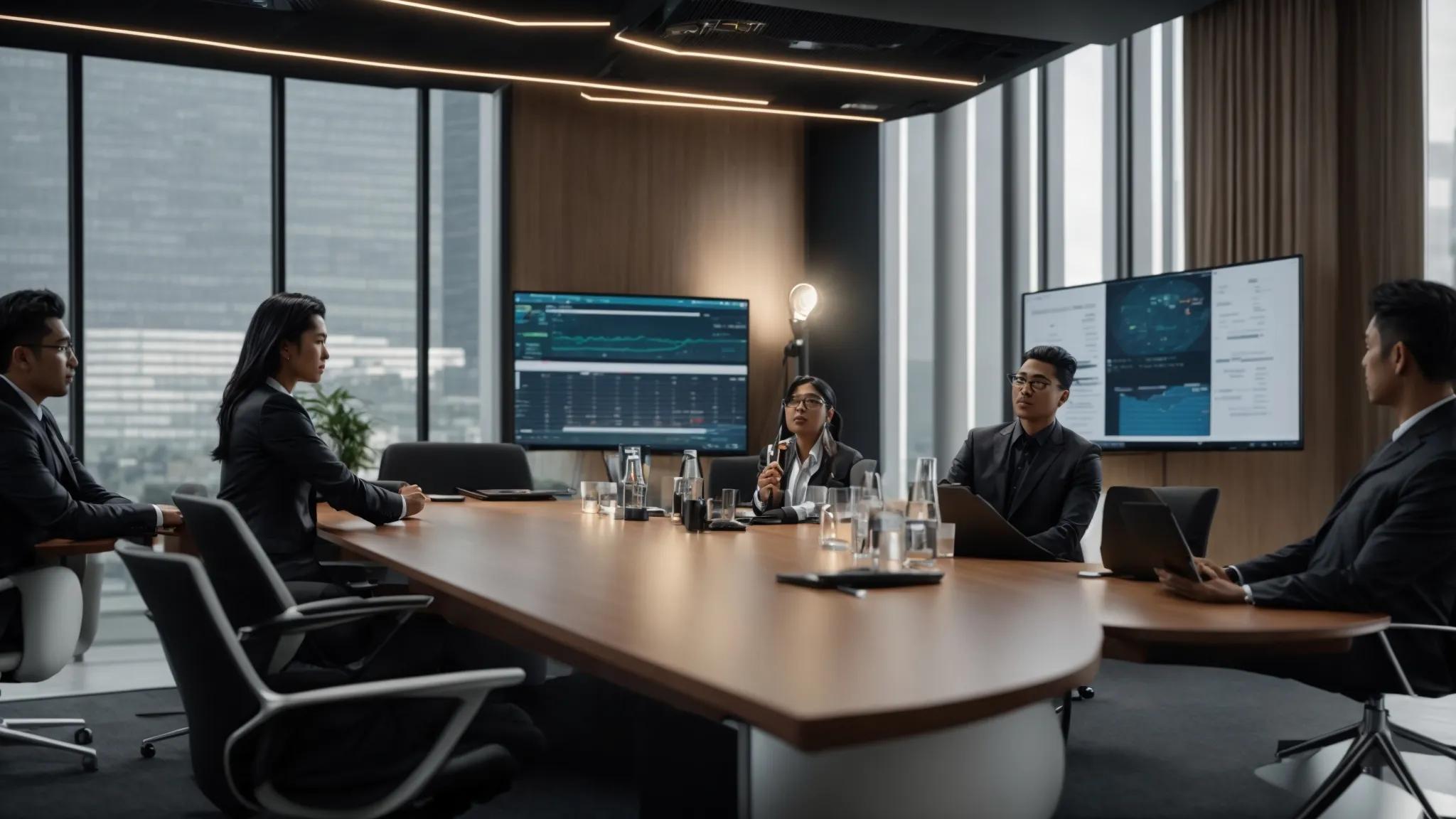 a sleek, modern conference room setting showcases it professionals engaged in a dynamic discussion around a digital display, analyzing a comparative table of managed service provider pricing models and value propositions, highlighting key services, contract flexibility, and roi estimates, with high-tech servers visible in the background for a corporate atmosphere.