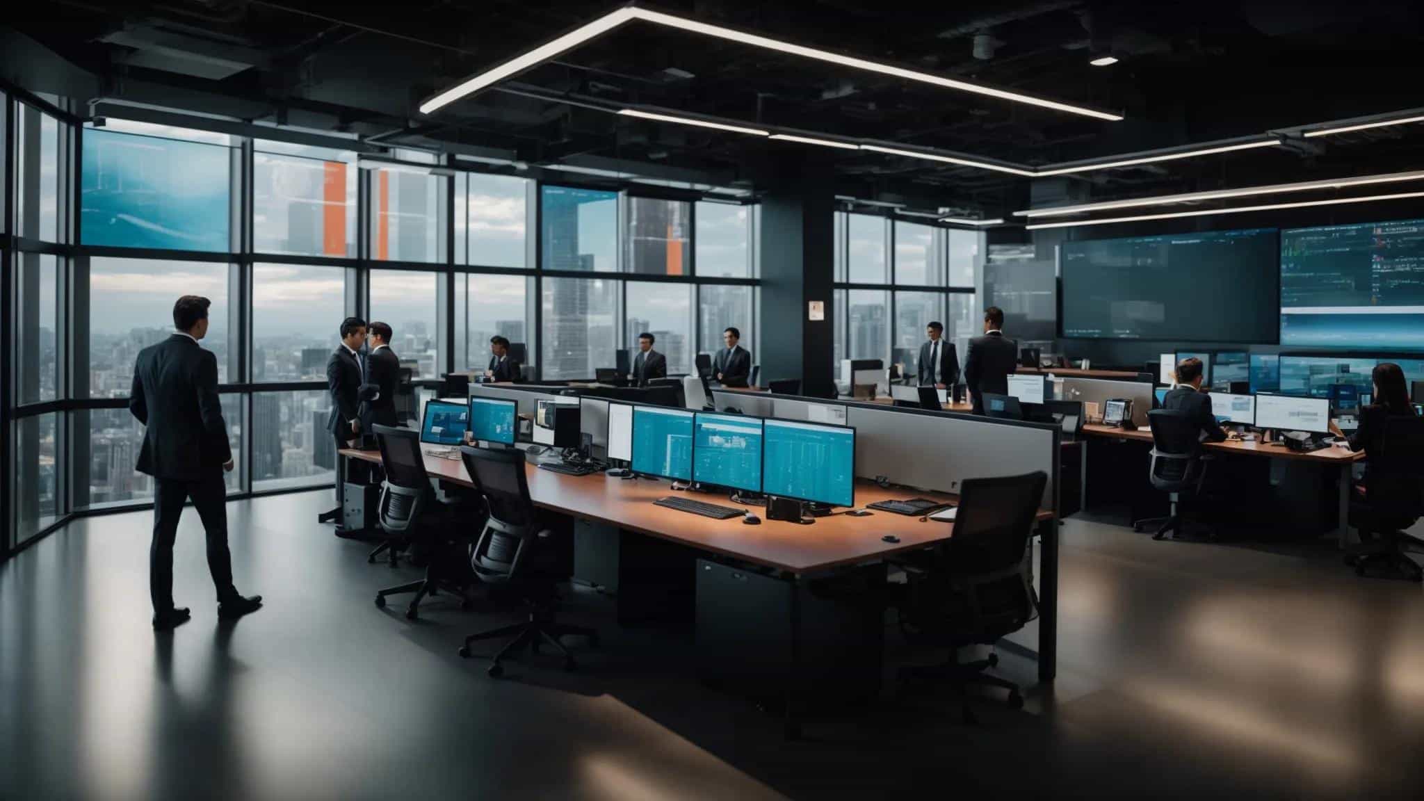 a sleek, modern office environment showcases a diverse team of it professionals collaborating around a high-tech conference table, surrounded by vibrant digital displays of data analytics and server graphics, emphasizing the efficiency and cost savings of outsourced it services.