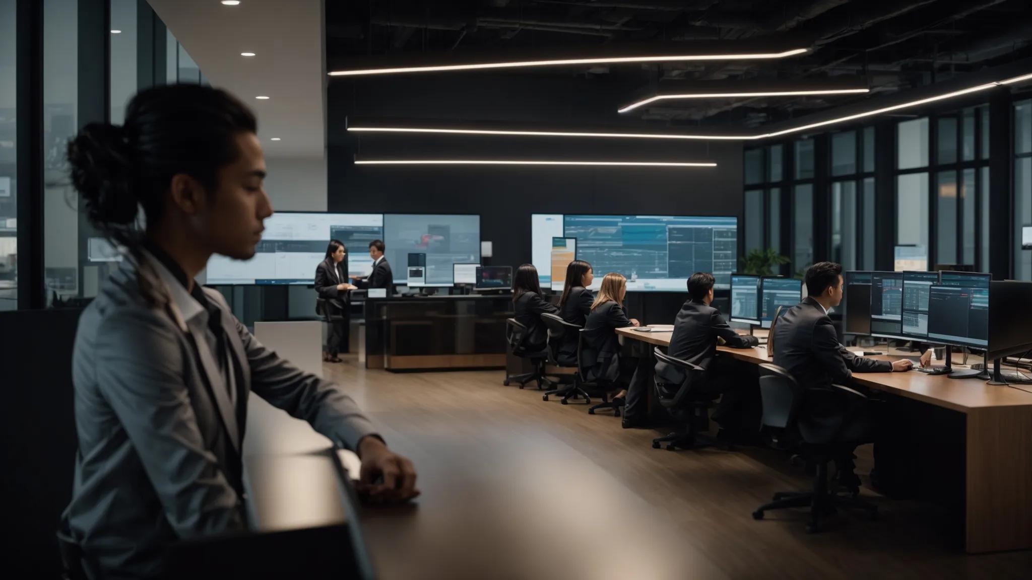a sleek, modern office environment showcases it professionals engaged in collaborative discussions around a large touchscreen display, analyzing various budget models for it support solutions while strategically positioned servers indicate the technological focus of their deliberations.