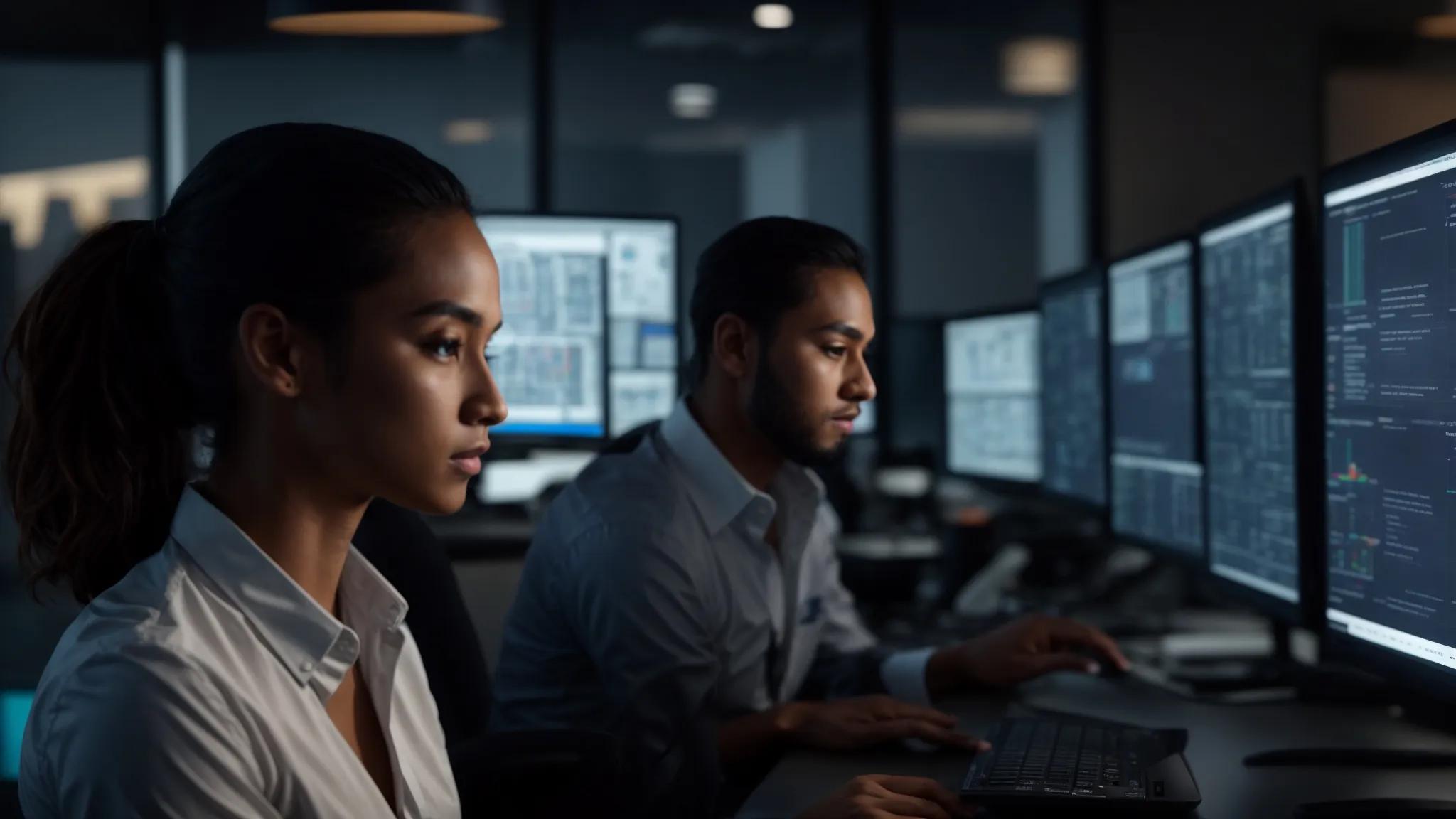 a sleek, modern office environment showcases a diverse team of it professionals collaboratively analyzing performance data on dual monitors, with server racks silently humming in the background, illustrating the power of comprehensive it maintenance and proactive support systems.