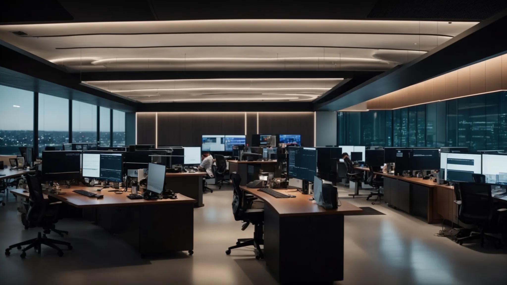 a sleek, modern office featuring a collaborative team of it professionals analyzing a real-time kpi dashboard filled with performance metrics, surrounded by advanced servers and technology, all under dynamic overhead lighting to highlight their focused engagement in enhancing operational efficiency.