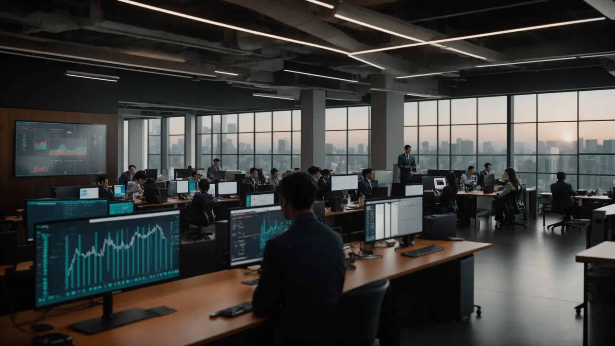a sleek, modern office filled with diverse it professionals collaborating around large digital dashboards displaying vibrant real-time analytics on system performance and health metrics, emphasizing a culture of operational excellence and proactive decision-making.