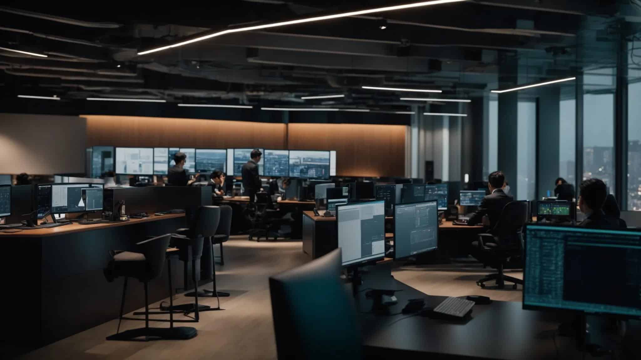 a sleek, modern office space bustling with it professionals collaborating around high-tech servers, showcasing dynamic monitors displaying network analytics and cybersecurity metrics, all illuminated by ambient lighting that emphasizes their focused teamwork.