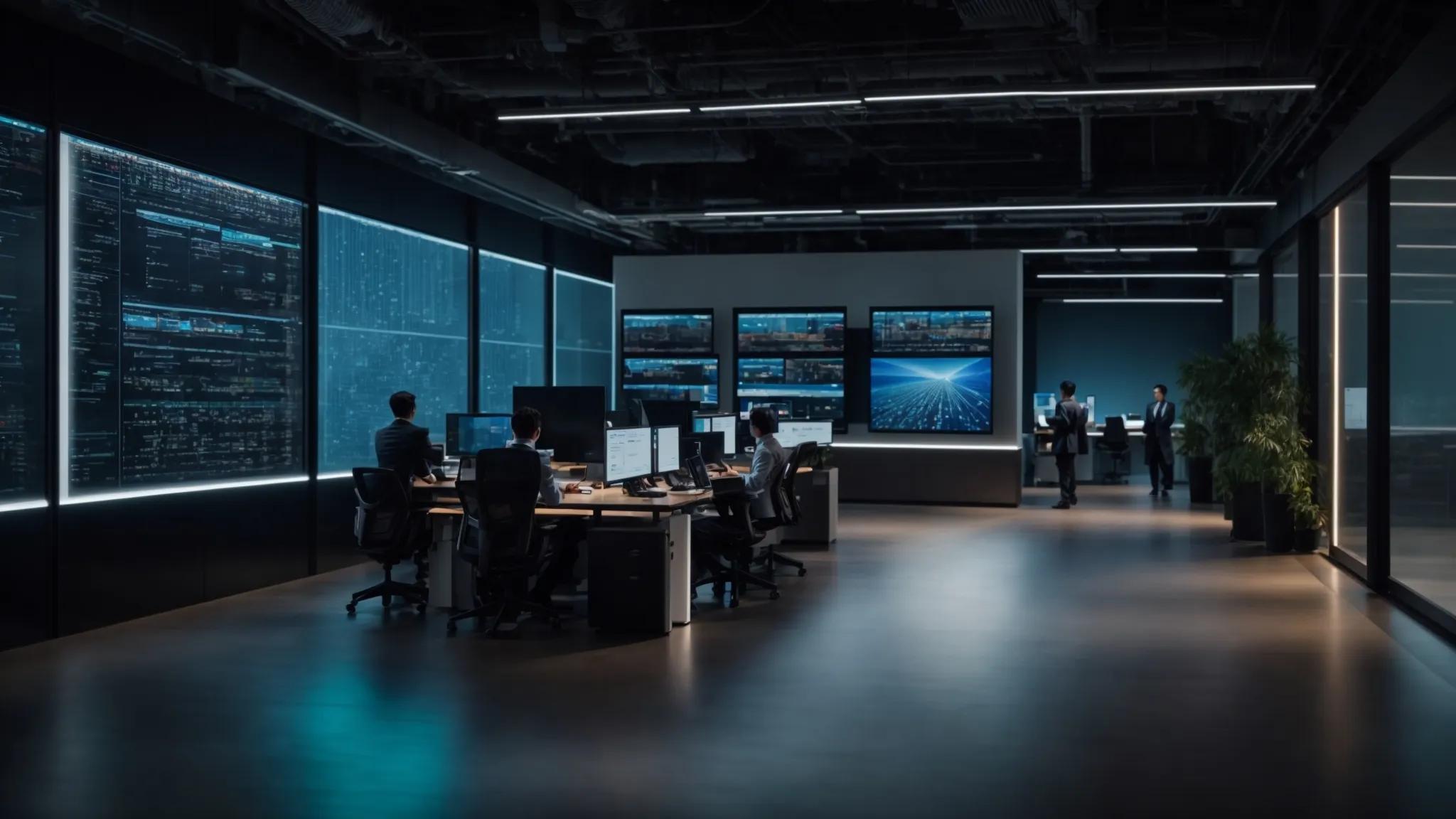 a sleek, modern office space featuring a diverse team of it professionals engaged in a dynamic collaboration around advanced server racks, illuminated by ambient lighting that highlights digital displays showing real-time data analytics and ai-driven support metrics.