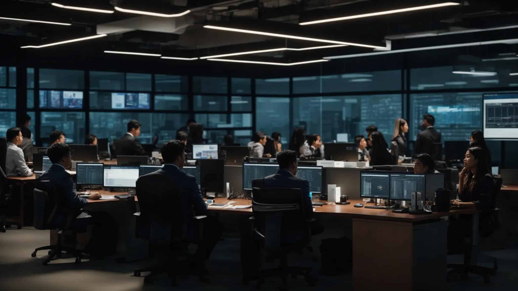 a vibrant office environment showcases a diverse team of it professionals collaborating around a central conference table, analyzing performance monitoring tools on laptops while a large screen displays real-time analytics for effective decision-making.