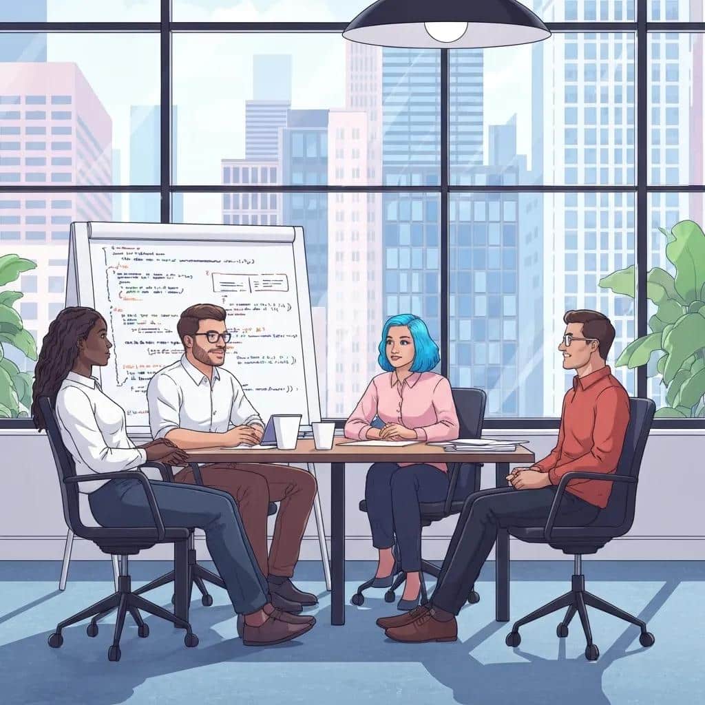 Diverse professionals in an interview setting for hiring a platform engineering team
