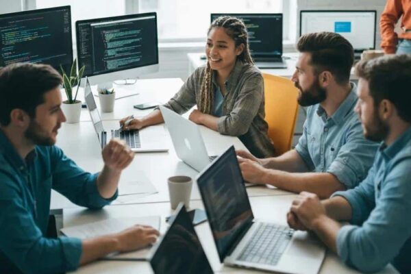 Diverse software engineers collaborating in a modern office, showcasing teamwork in platform engineering