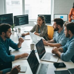 Diverse software engineers collaborating in a modern office, showcasing teamwork in platform engineering