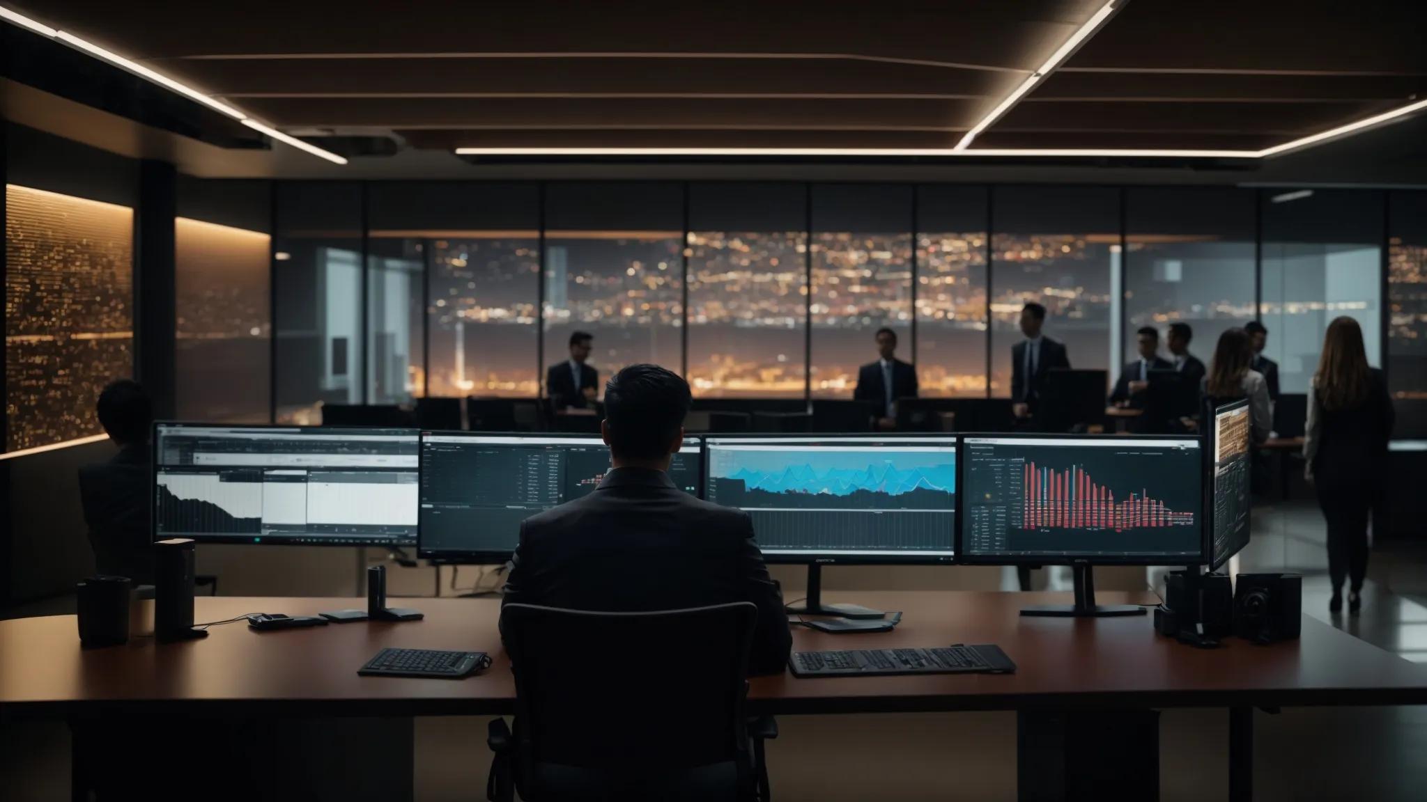in a modern office environment, a diverse team of it professionals collaborates around a sleek conference table, analyzing performance metrics on digital screens displaying live data and graphs, symbolizing transparent evaluation and efficient communication in managed it services.