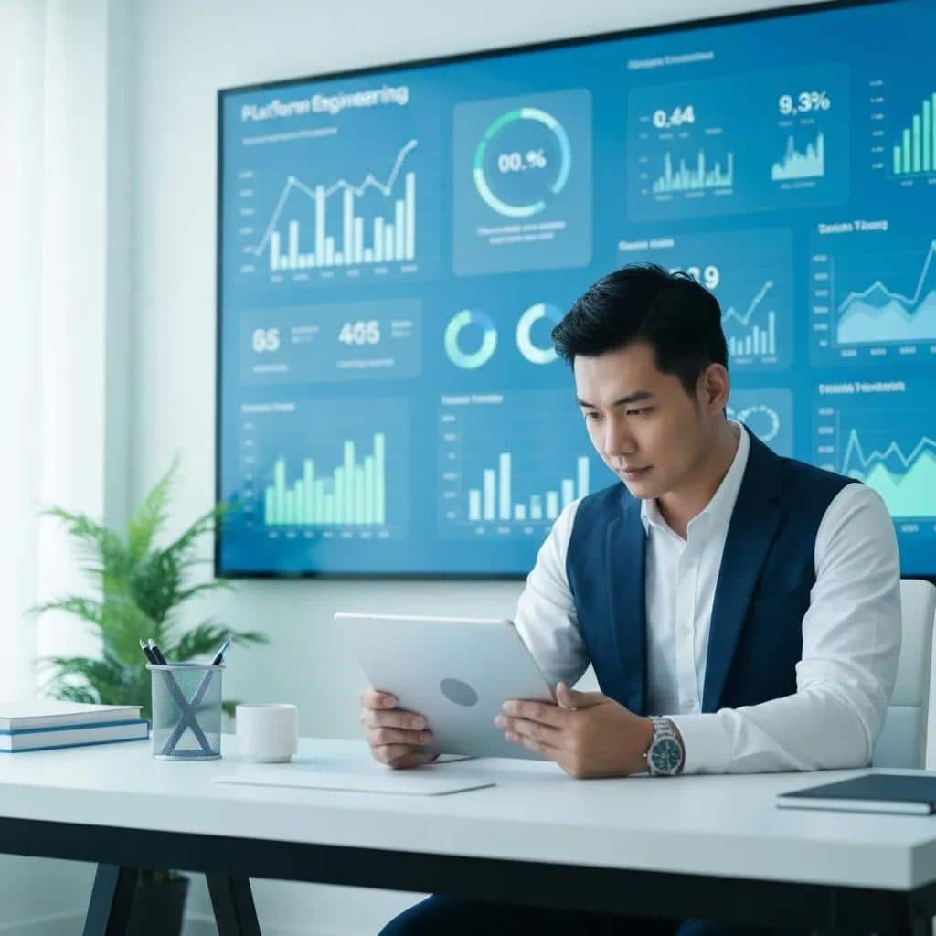 Small business owner reviewing performance metrics and analytics for platform engineering benefits