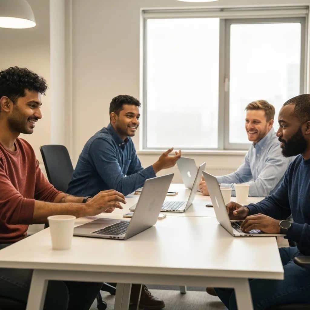 Small business team collaborating on DevOps and platform engineering solutions in a modern office