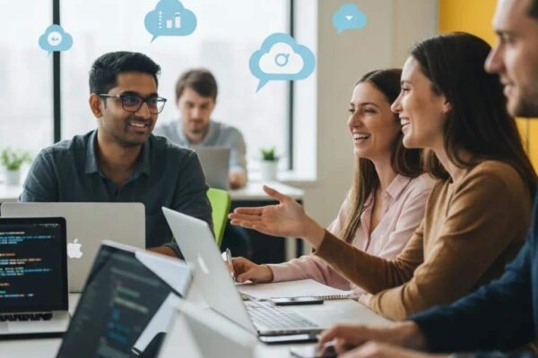 Small business team collaborating on Internal Developer Platform implementation in a modern office