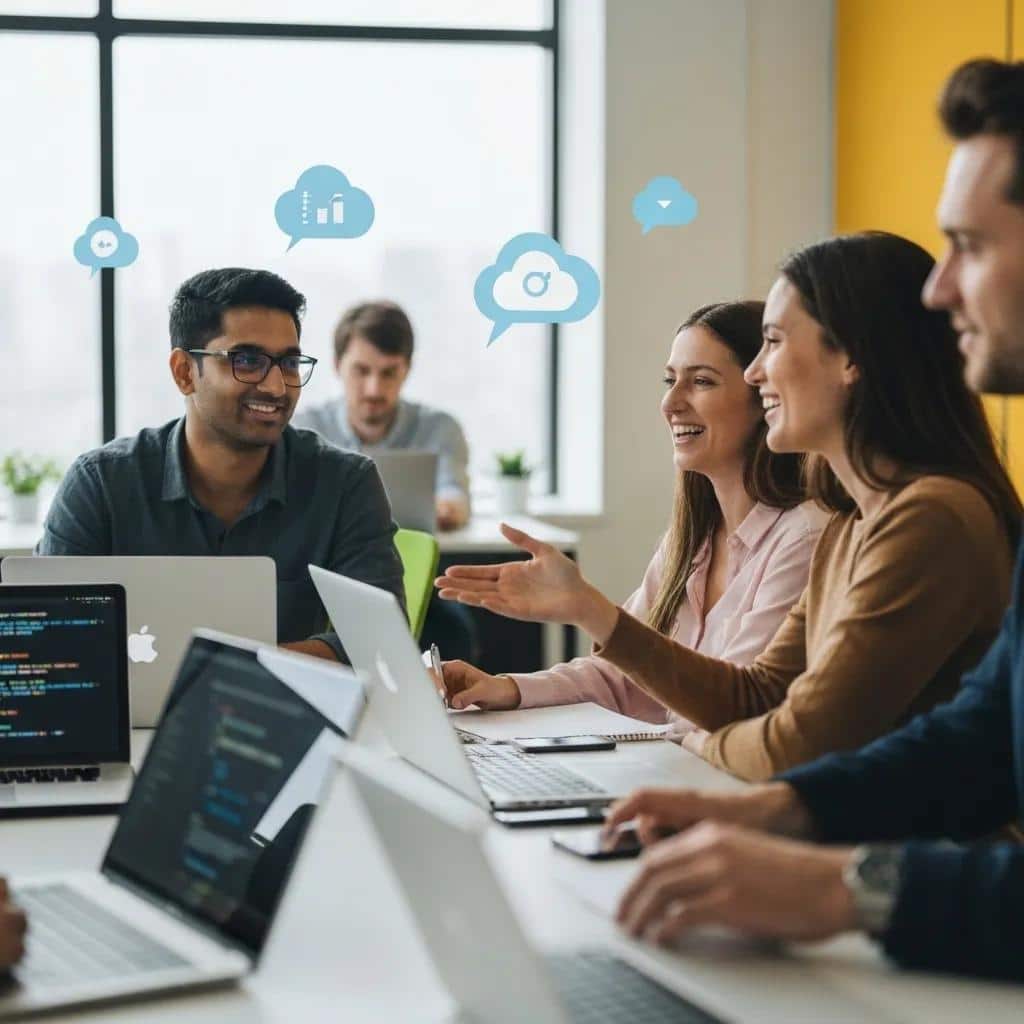 Small business team collaborating on Internal Developer Platform implementation in a modern office