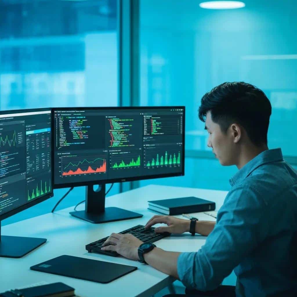 Software developer at a desk with multiple screens, illustrating productivity in platform engineering