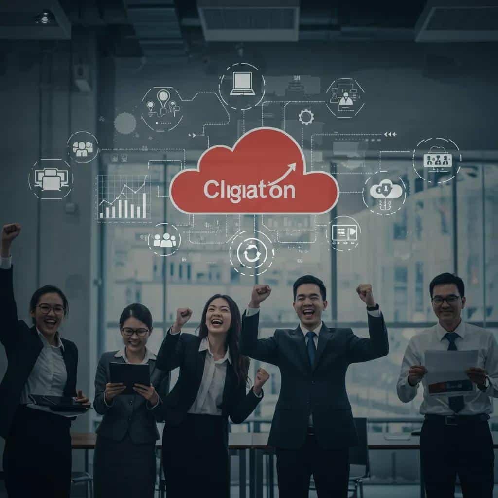 Business team celebrating the benefits of cloud migration for SMBs