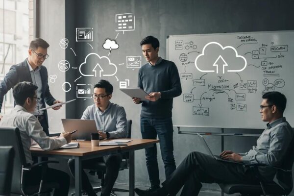 Professionals collaborating on cloud migration strategies in a modern office setting