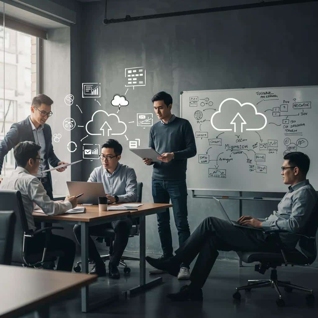 Professionals collaborating on cloud migration strategies in a modern office setting