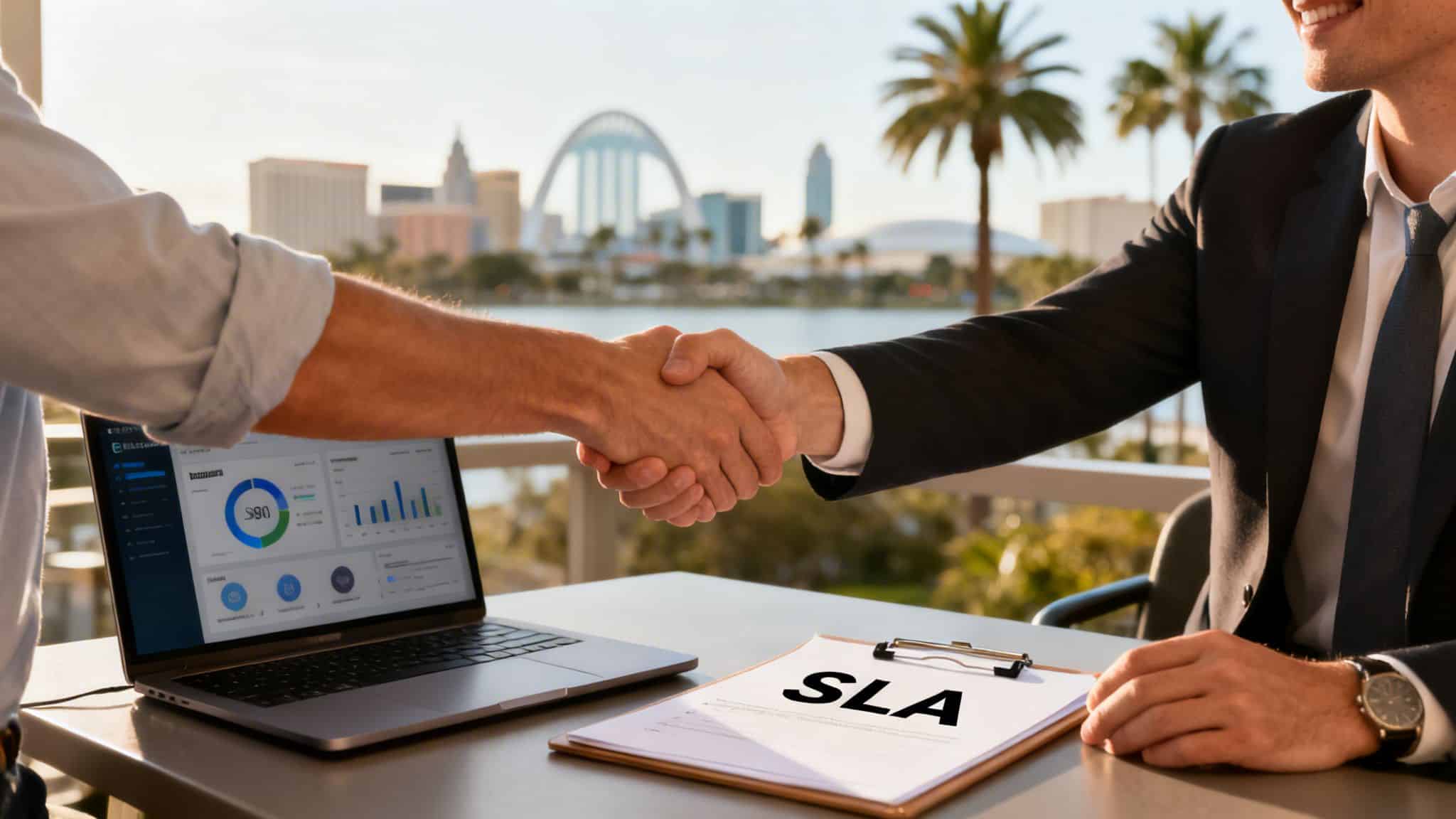 Two businessmen shake hands over a laptop and SLA document with a modern cityscape in the background.