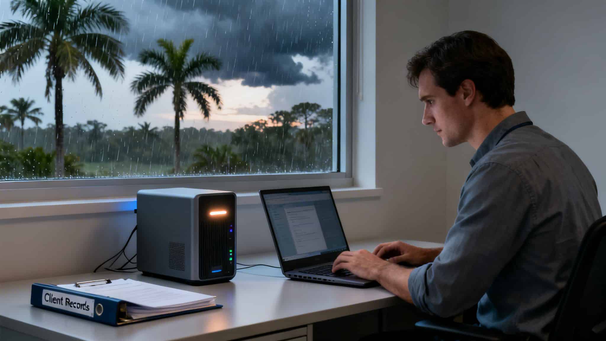 A man works on a laptop next to a data storage device as rain falls outside a window.