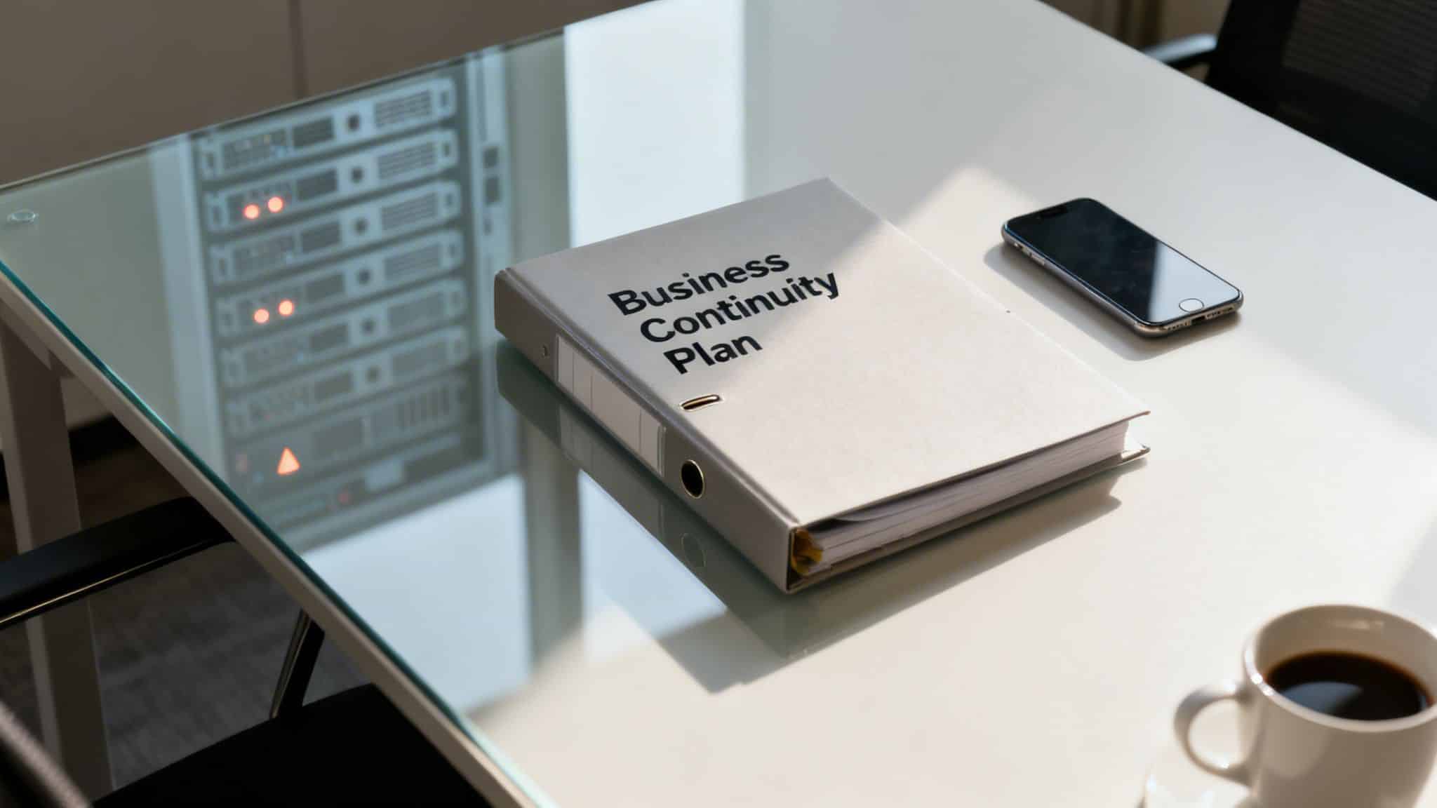 A 'Business Continuity Plan' binder on a glass desk with a smartphone and coffee.