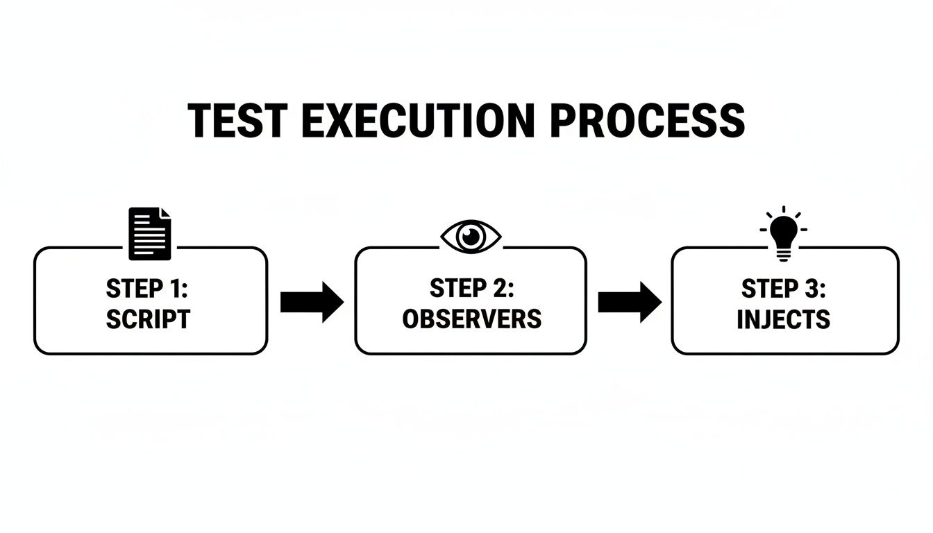 Flowchart illustrating a three-step test execution process including script, observers, and injects.