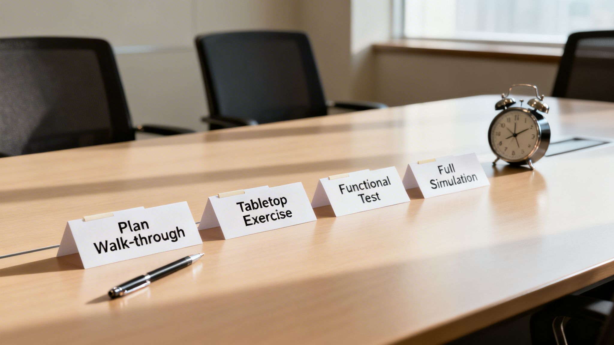 A conference table displaying cards outlining business continuity plan test stages: walk-through, tabletop, functional, and full simulation, with a pen and an alarm clock.