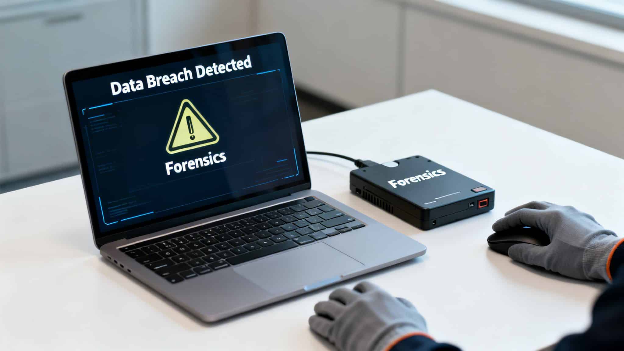A person in gloves uses a laptop displaying 'Data Breach Detected' and 'Forensics', with an external forensics device.