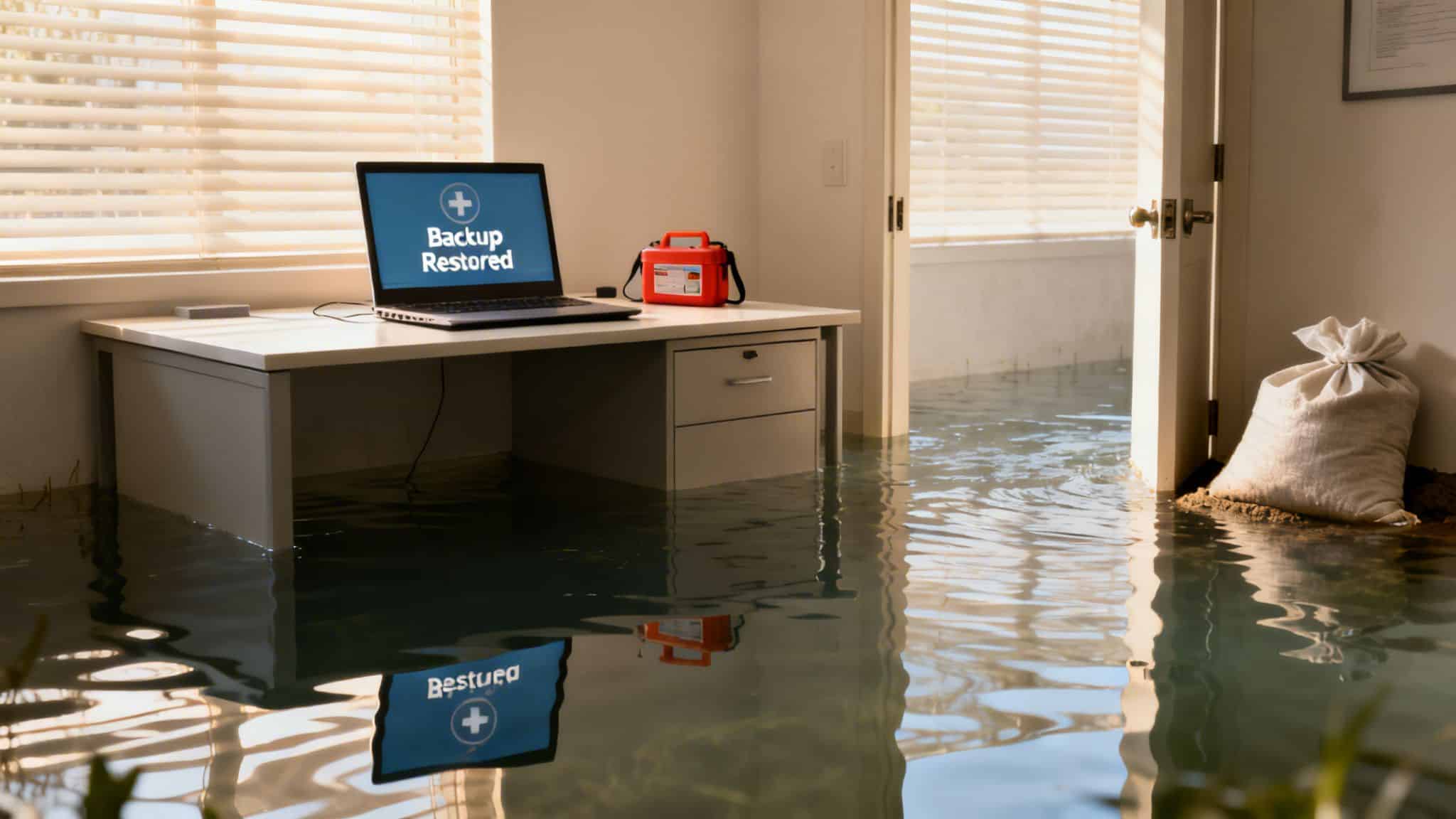 A flooded office with a laptop displaying 'Backup Restored' and an emergency kit on a desk.