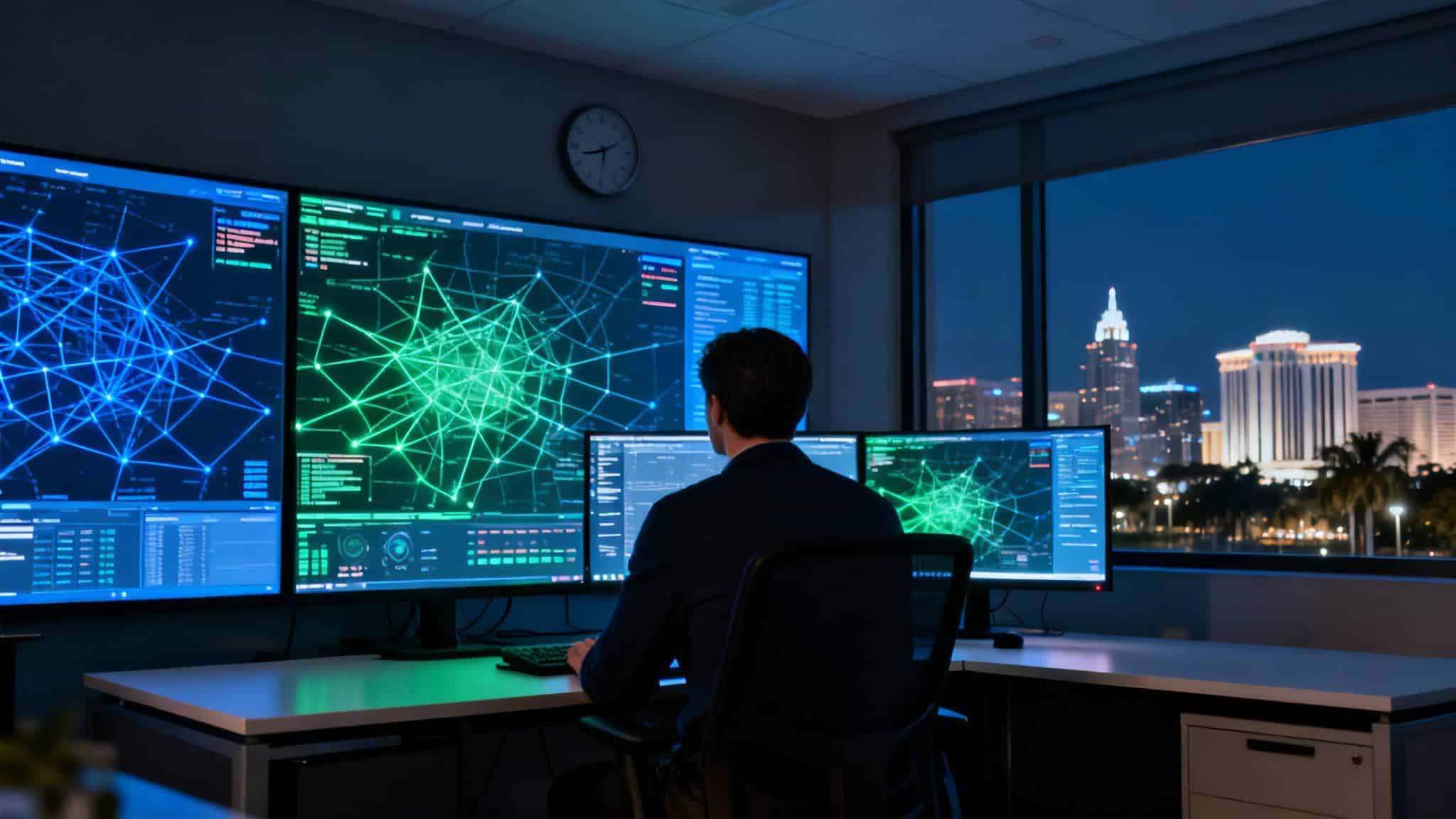 A cybersecurity professional monitors multiple screens displaying complex network security data in a dark office at night.