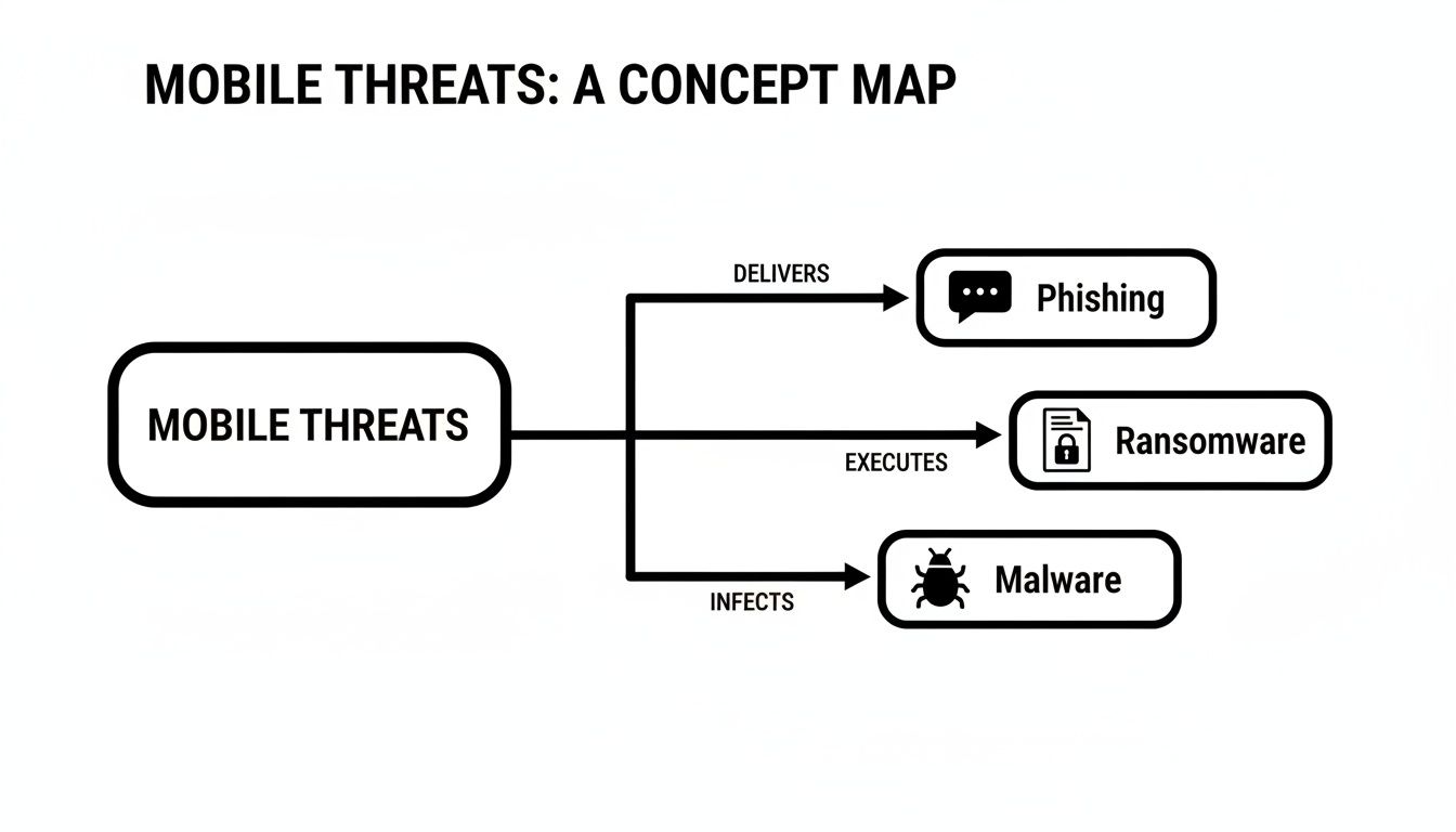 A concept map visually outlines mobile threats, categorizing them into phishing, ransomware, and malware.
