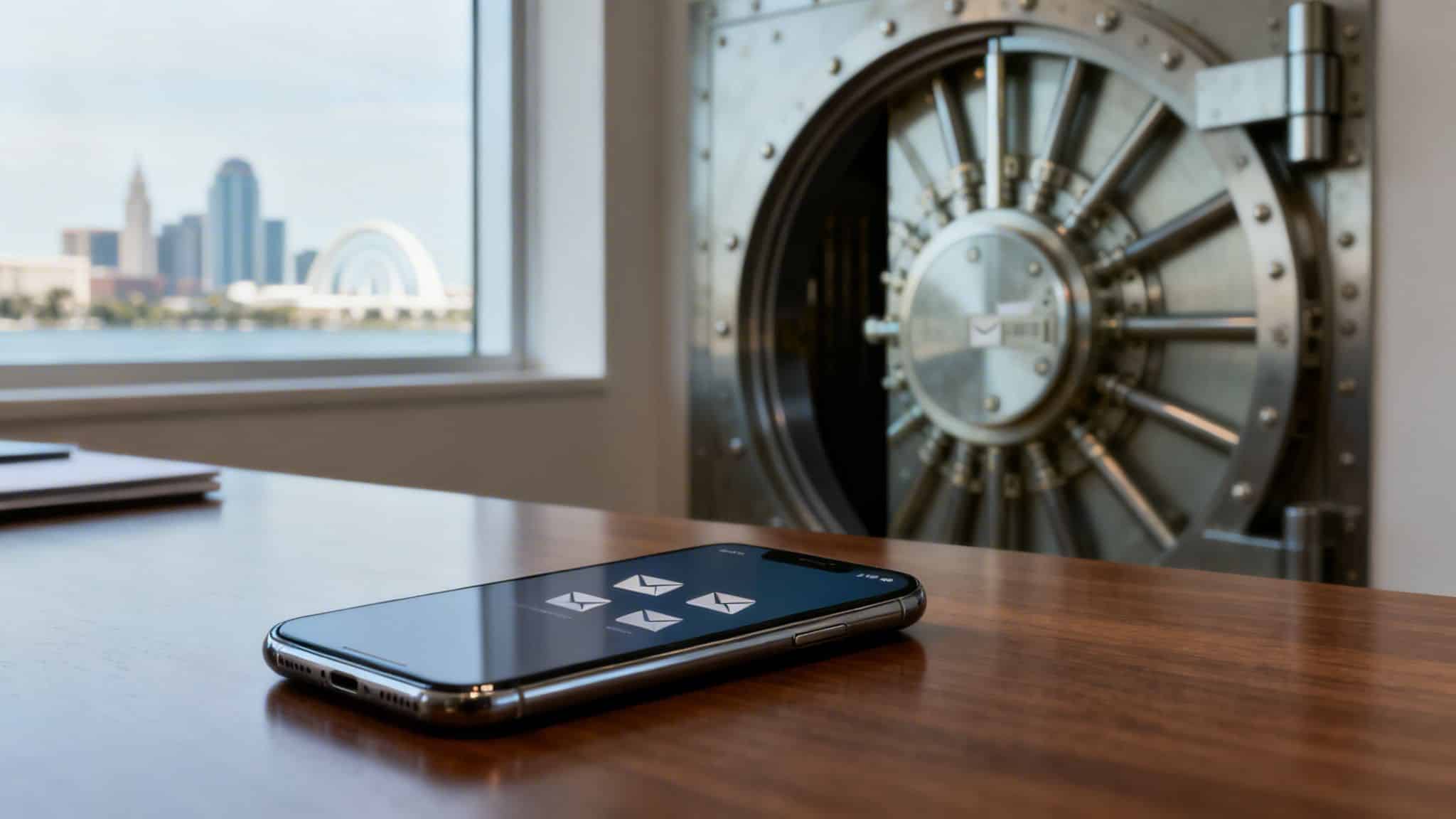 A smartphone displaying email icons on a desk, with a partially open vault and city skyline.