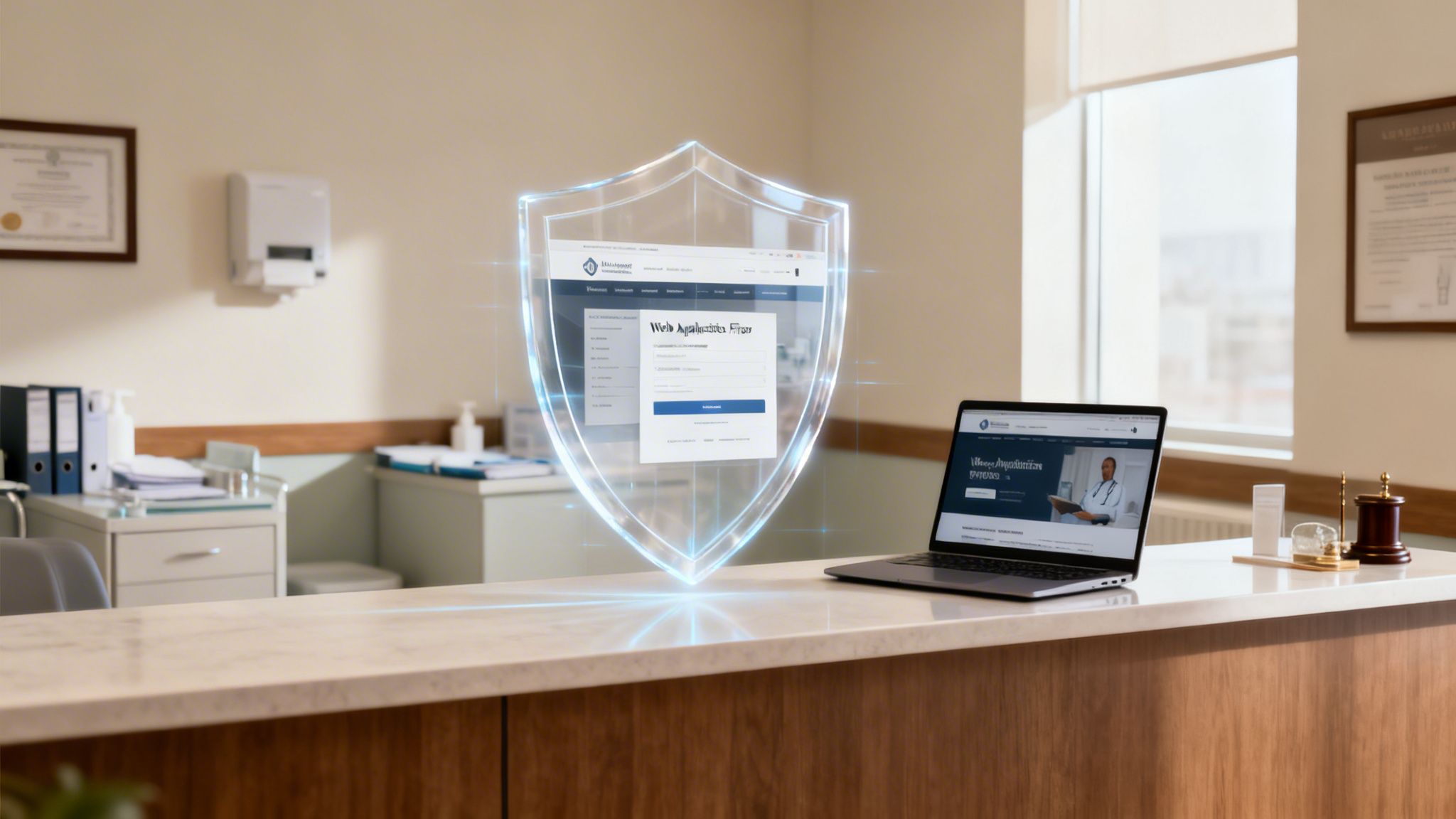 A holographic cybersecurity shield with a login form floats over an office counter with a laptop.