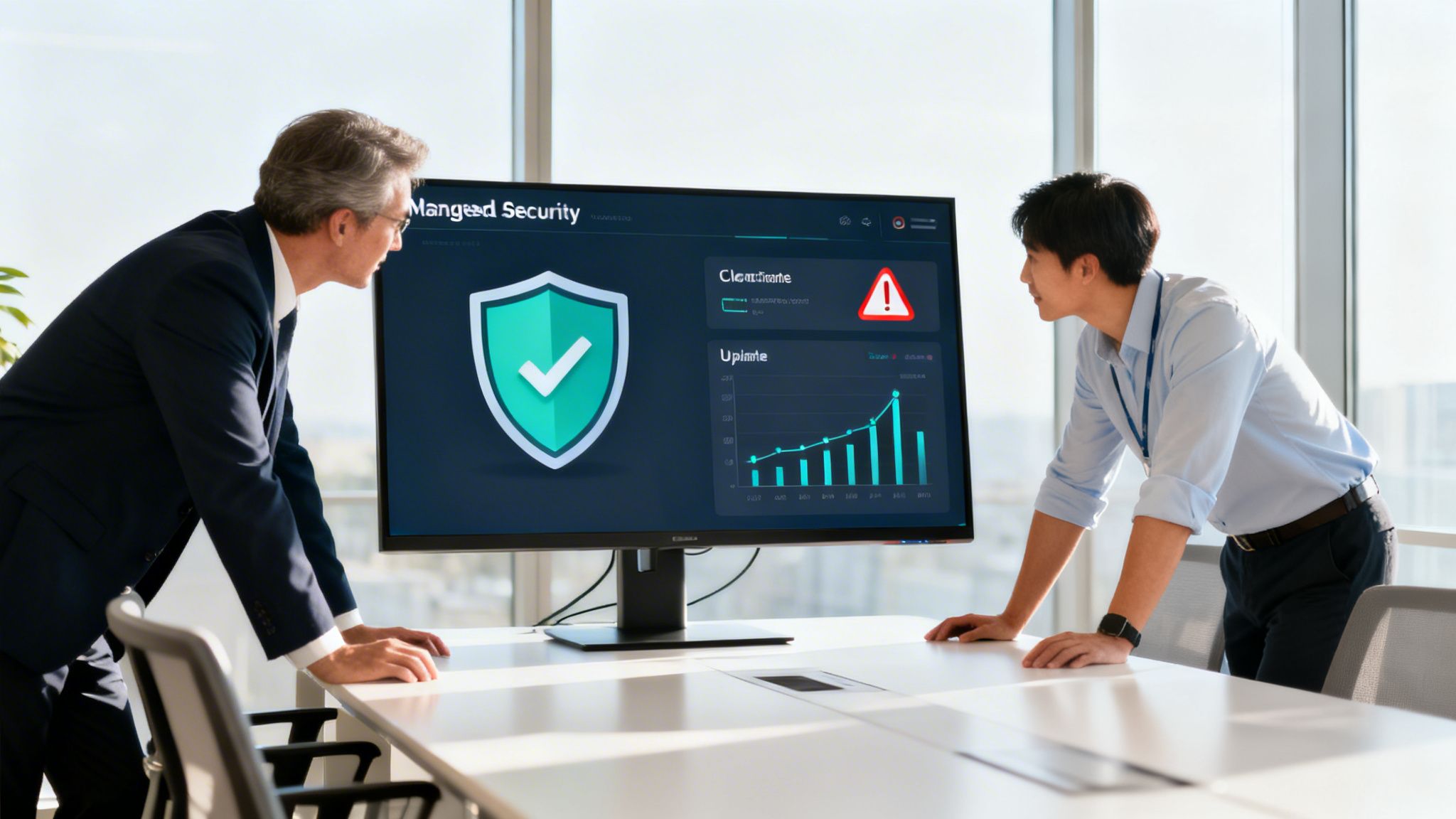 Two men examining a computer screen displaying a security dashboard with shield and alert.