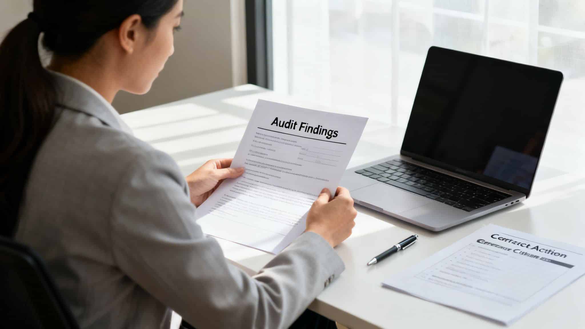 Professional woman examining an 'Audit Findings' report at her desk with a laptop and pen.