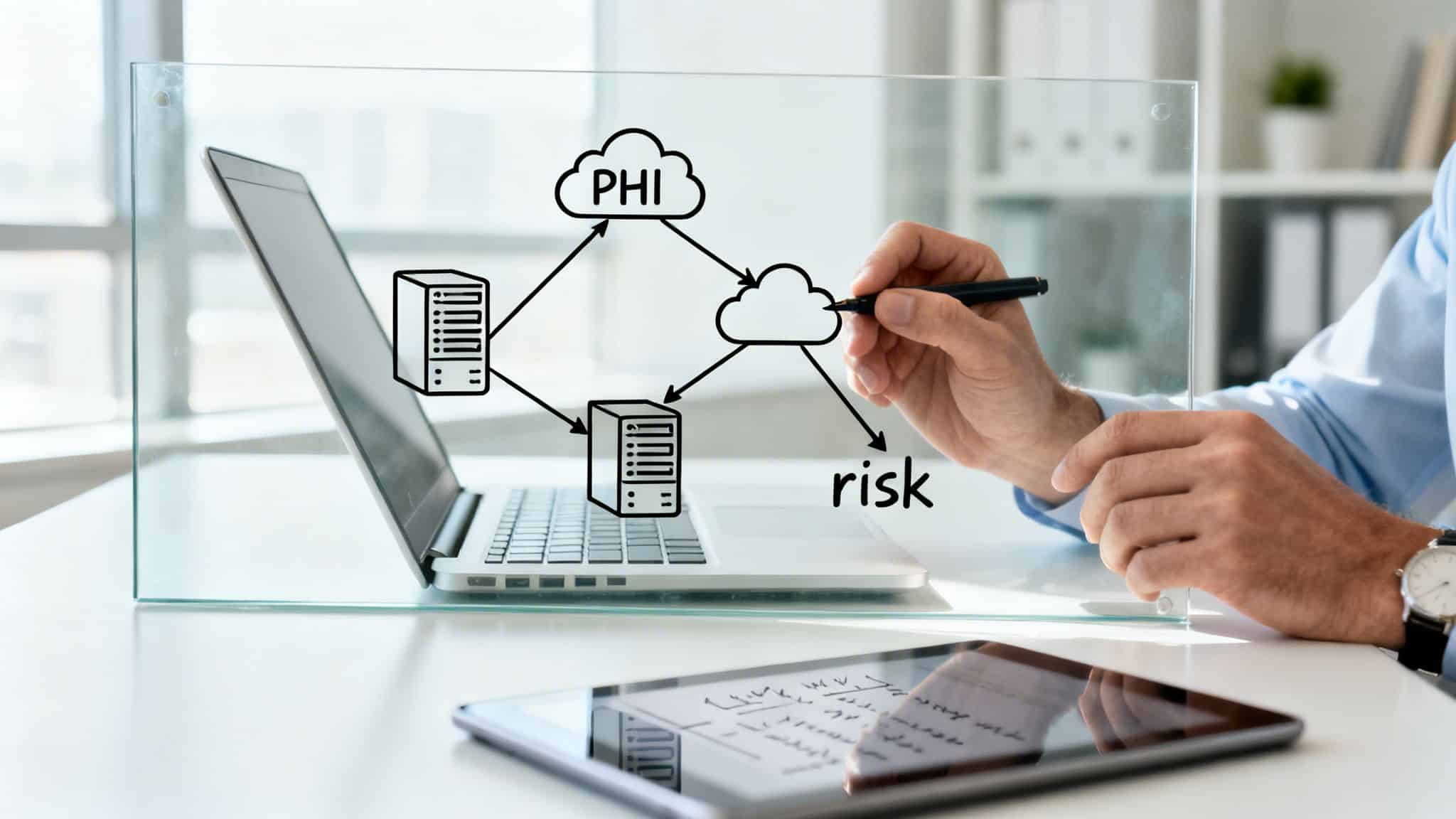 Hand drawing a PHI data flow diagram with servers and cloud, illustrating data security risk.