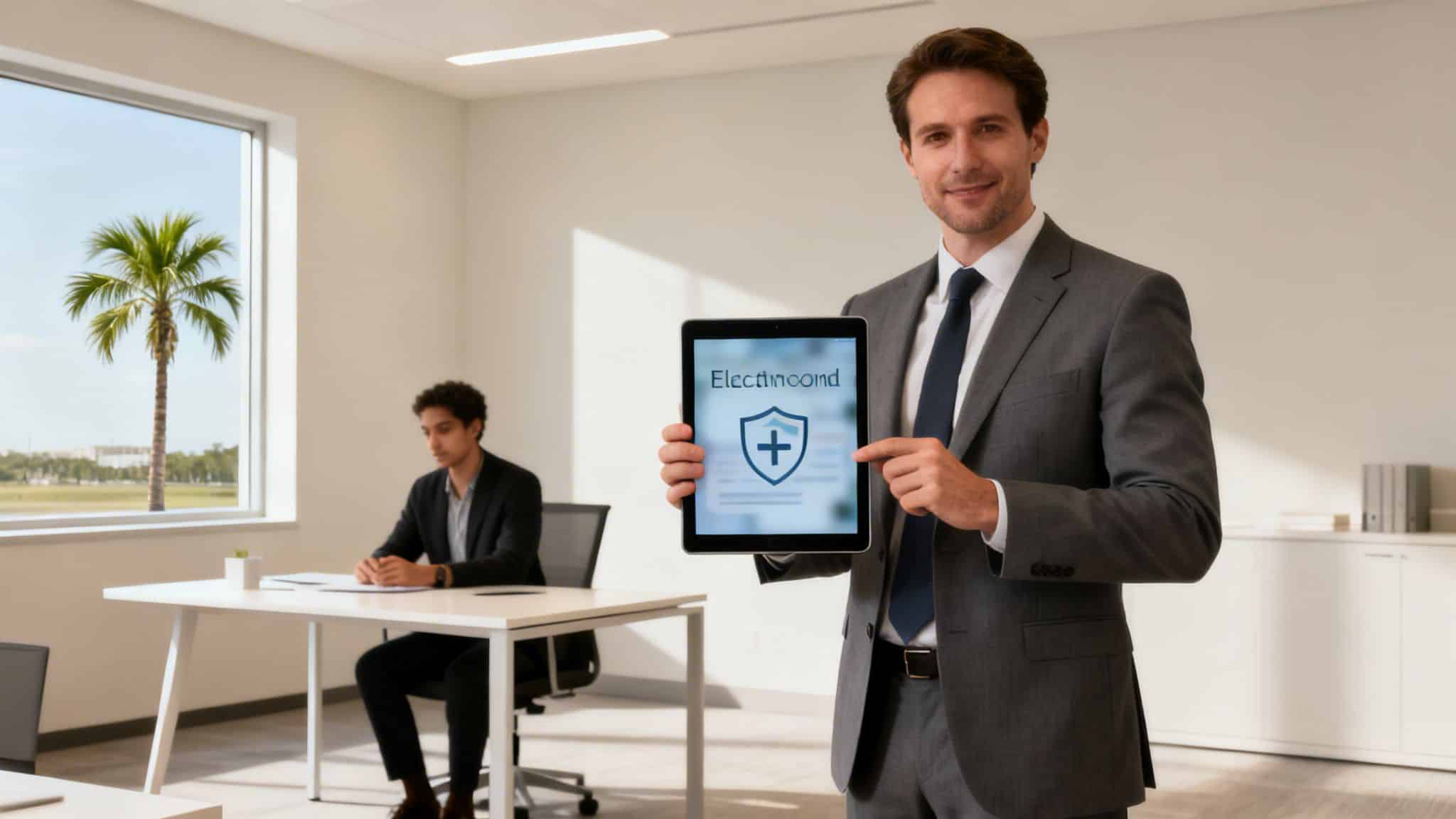 A smiling businessman in a suit presents a tablet with a shield logo in a modern office.
